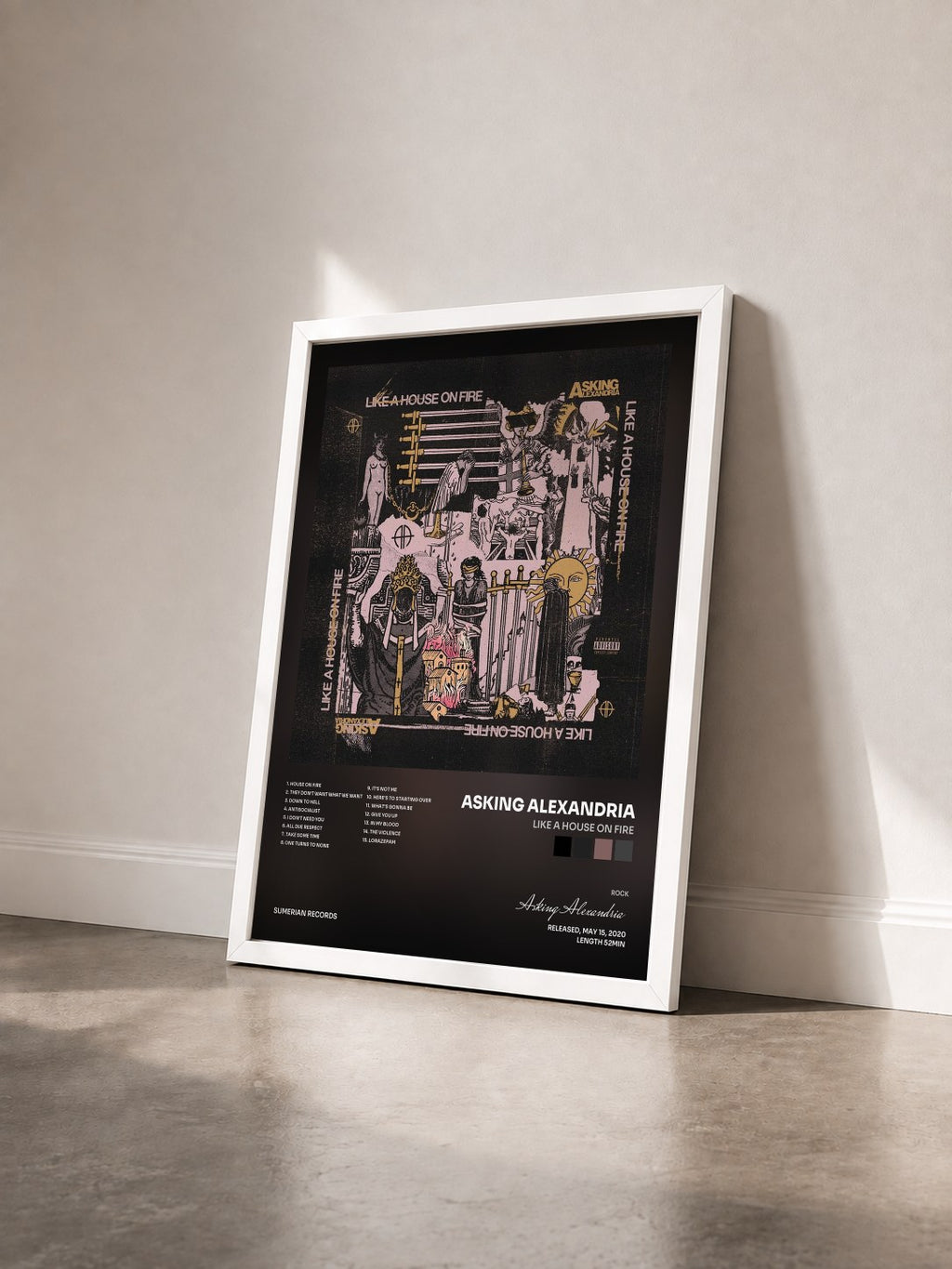#blanc Like A House On Fire by Asking Alexandria as a framed art print seen at an angle, white frame