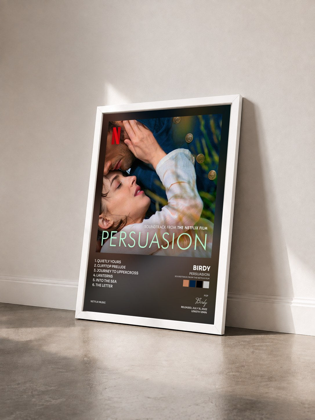 #blanc Tableau de l'album Persuasion (Soundtrack from the Netflix Film) de Birdy vu de trois quarts, cadre blanc
