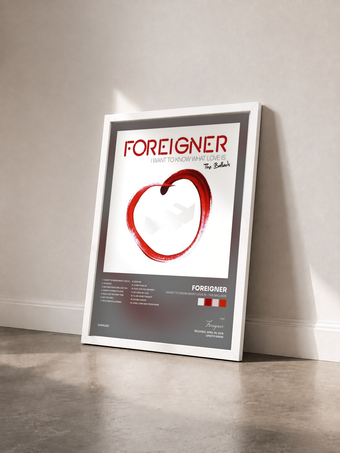 #blanc Tableau de l'album I Want to Know What Love Is - The Ballads de Foreigner vu de trois quarts, cadre blanc