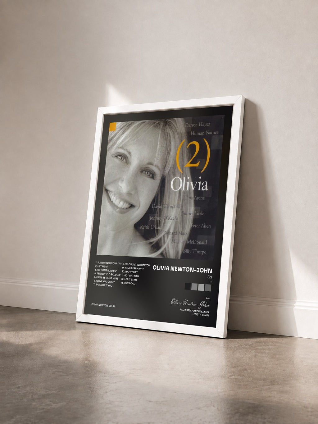 #blanc Tableau de l'album (2) de Olivia Newton-John vu de trois quarts, cadre blanc