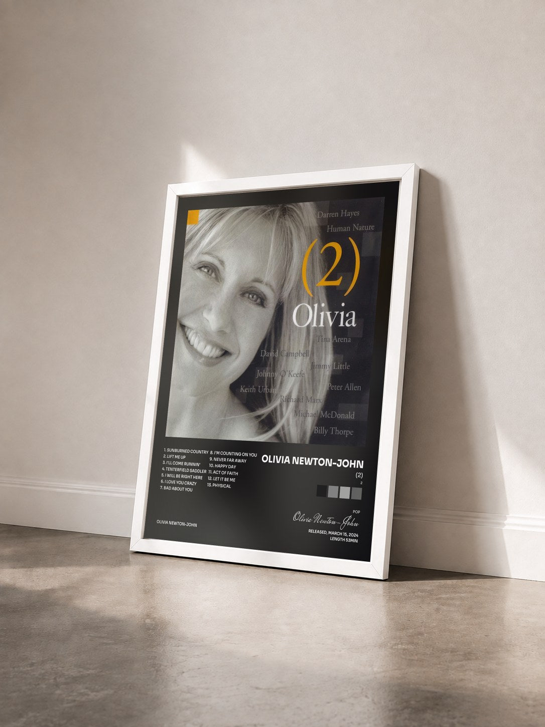 #blanc Tableau de l'album (2) de Olivia Newton-John vu de trois quarts, cadre blanc