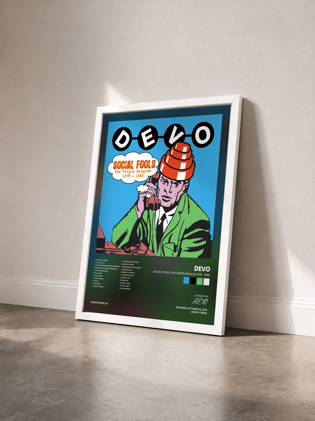 #blanc Tableau de l'album Social Fools: The Virgin Singles 1978 - 1982 de DEVO vu de trois quarts, cadre blanc