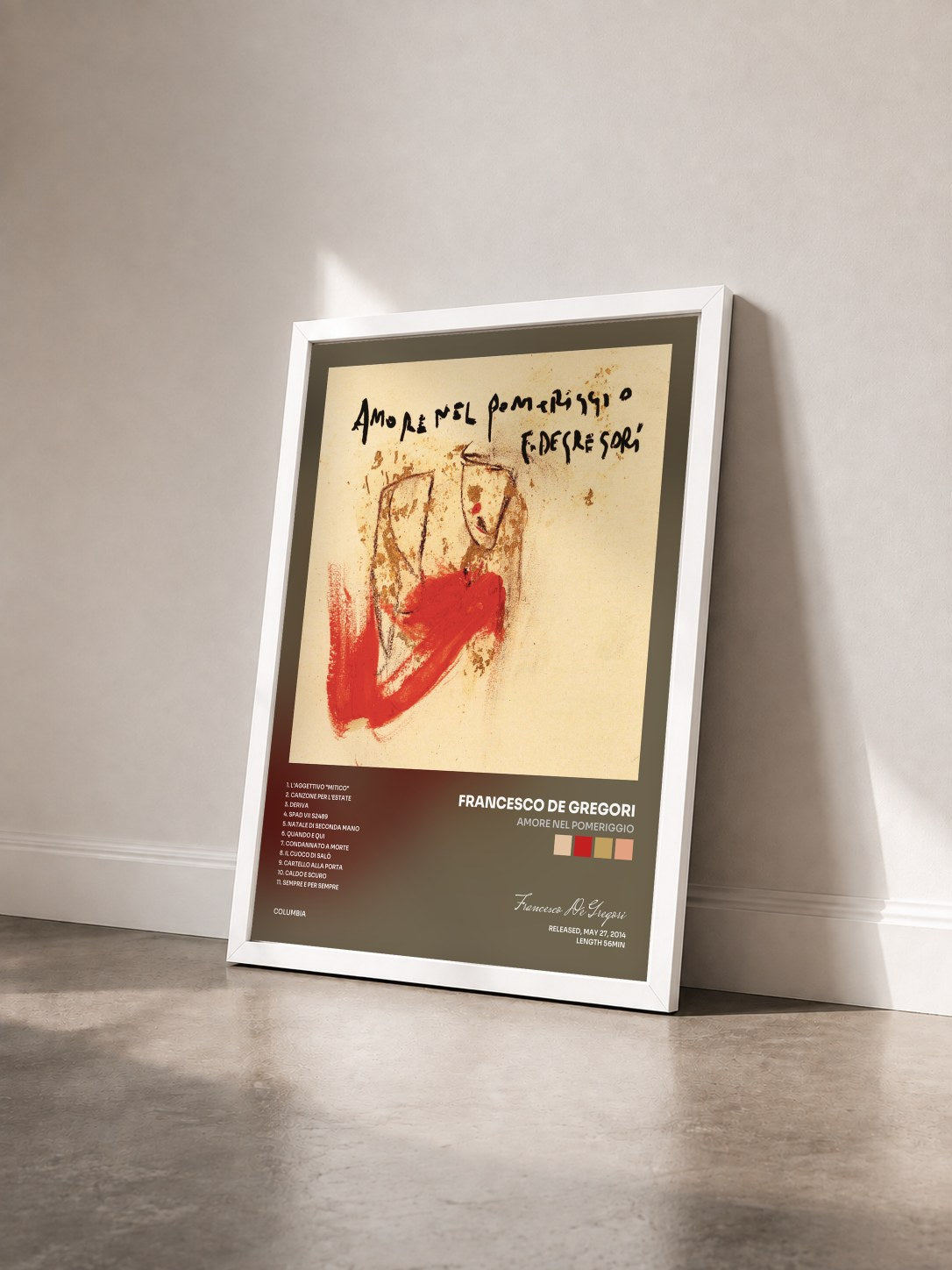 #blanc Tableau de l'album Amore nel pomeriggio de Francesco De Gregori vu de trois quarts, cadre blanc
