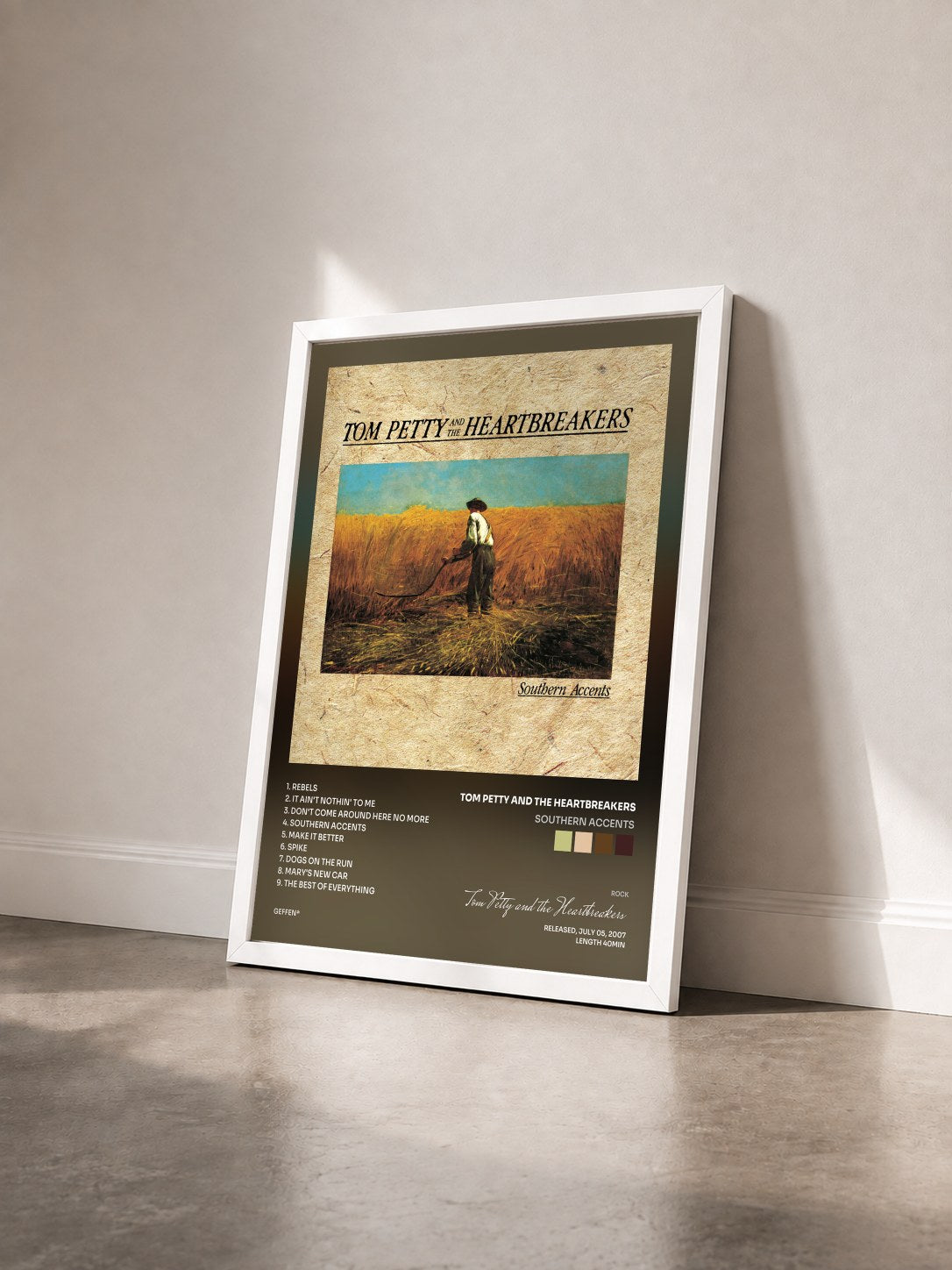 #blanc Tableau de l'album Southern Accents de Tom Petty and the Heartbreakers vu de trois quarts, cadre blanc