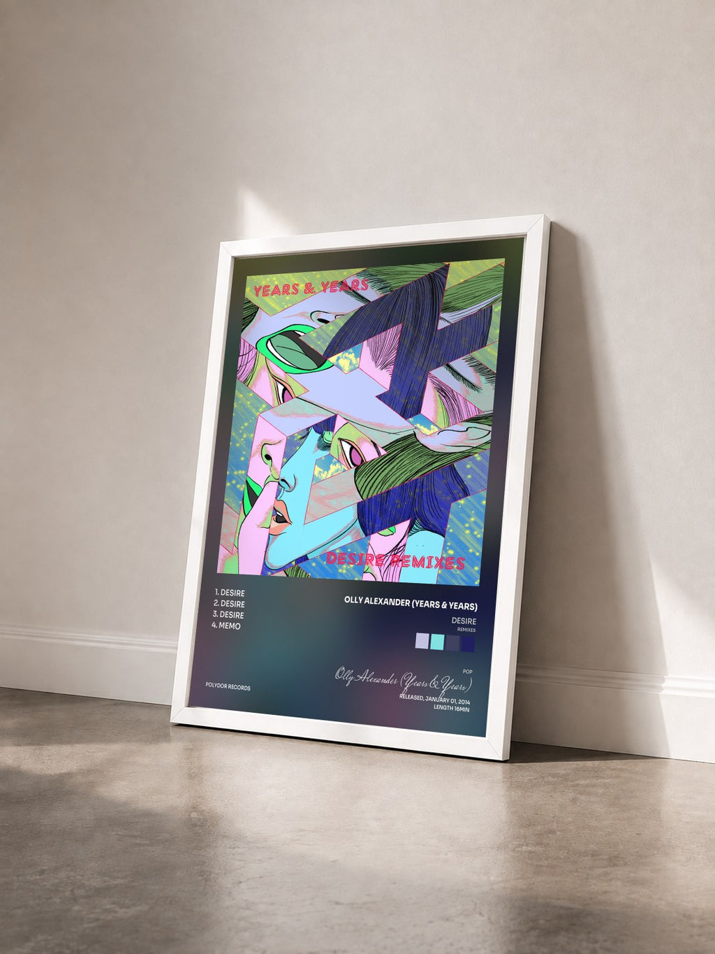 #blanc Tableau de l'album Desire (Remixes) de Olly Alexander (Years & Years) vu de trois quarts, cadre blanc