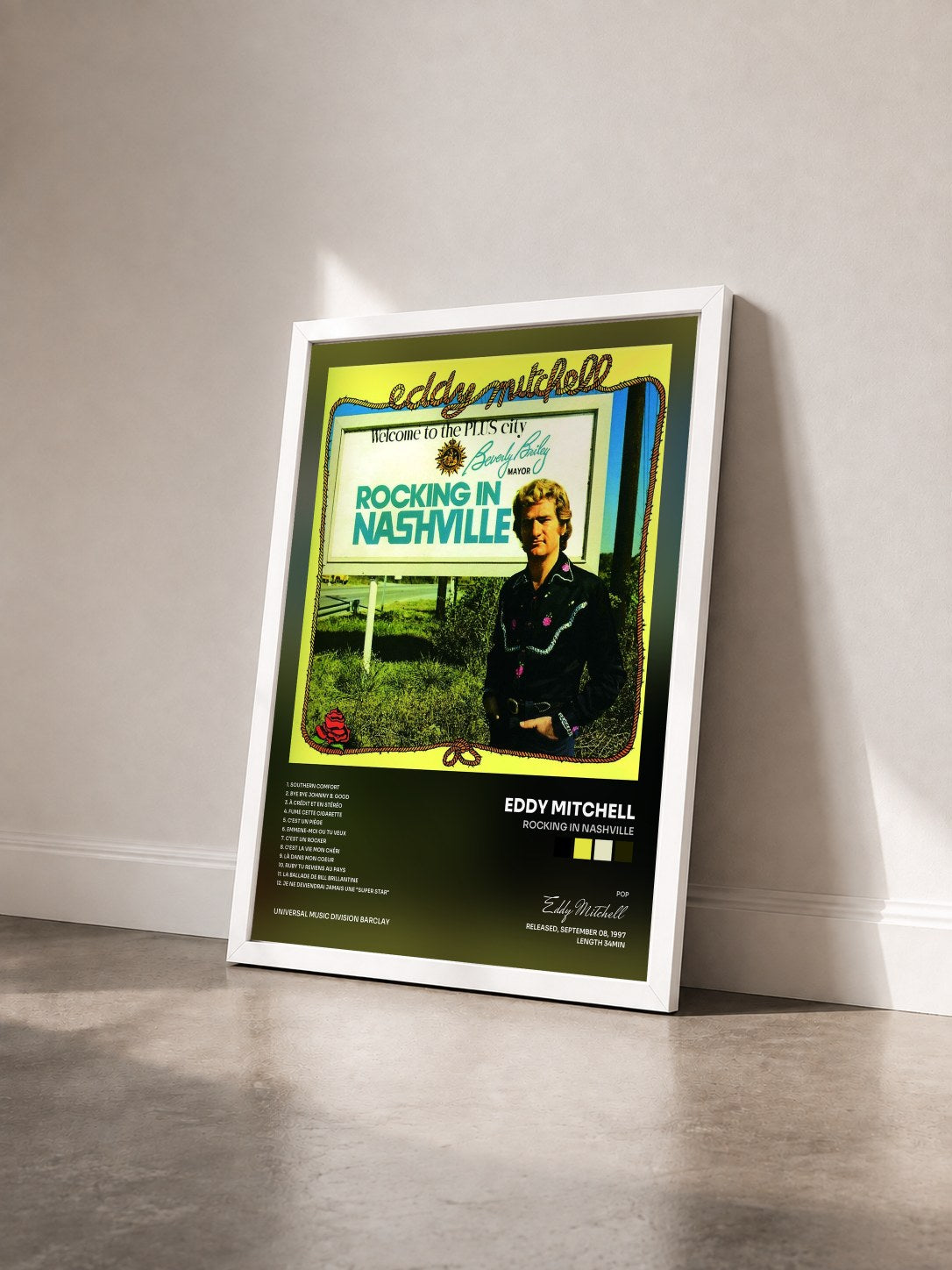 #blanc Tableau de l'album Rocking In Nashville de Eddy Mitchell vu de trois quarts, cadre blanc