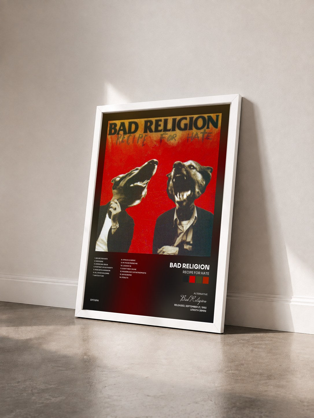 #blanc Recipe For Hate de Bad Religion en lámina enmarcada vista de tres cuartos, marco blanco