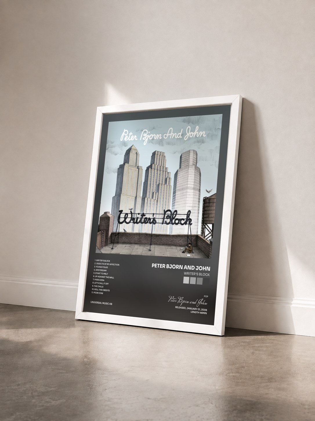 #blanc Tableau de l'album Writer's Block de Peter Bjorn and John vu de trois quarts, cadre blanc