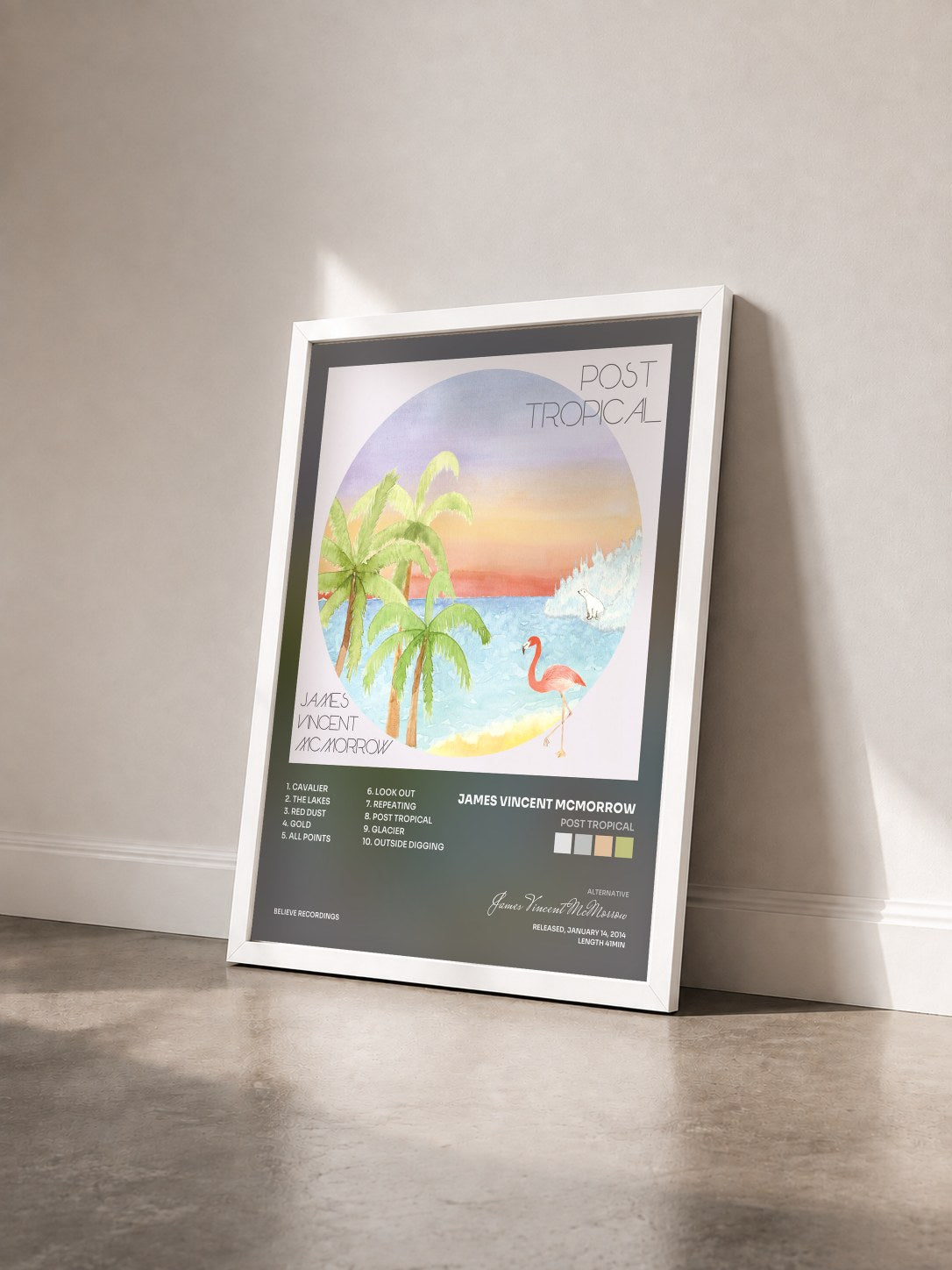 #blanc Tableau de l'album Post Tropical de James Vincent McMorrow vu de trois quarts, cadre blanc