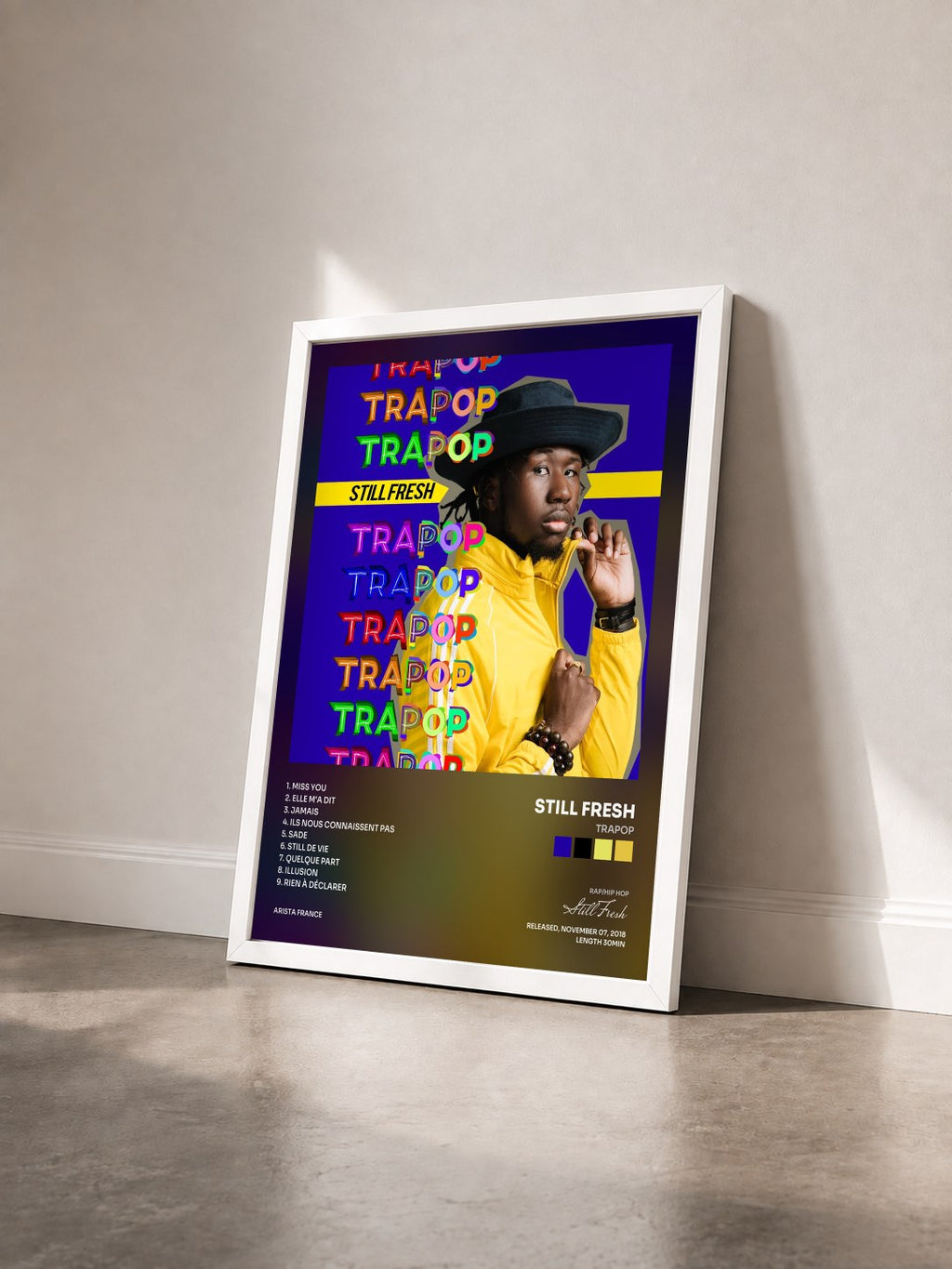#blanc Tableau de l'album Trapop de Still Fresh vu de trois quarts, cadre blanc