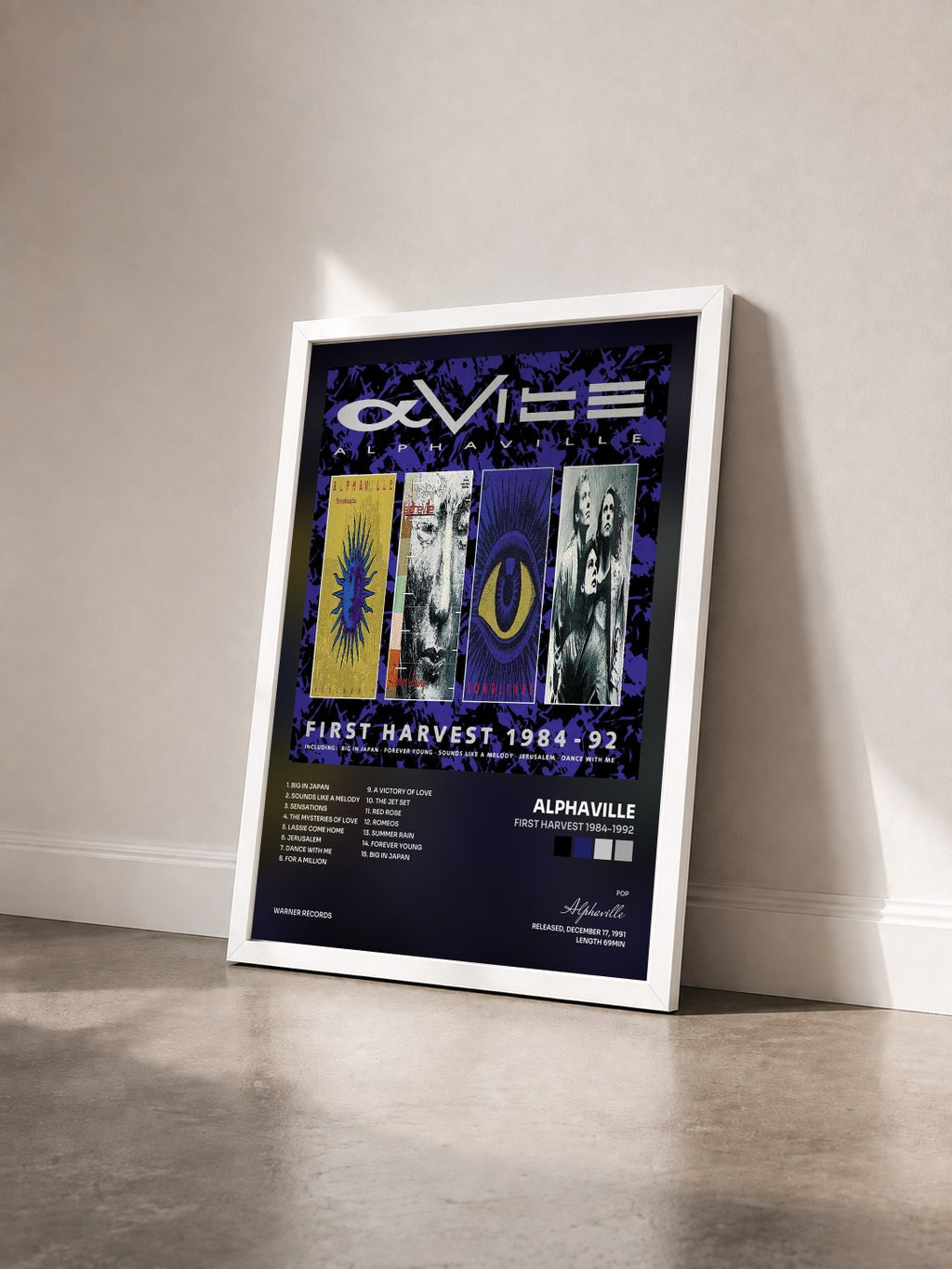 #blanc First Harvest 1984-1992 by Alphaville as a framed art print seen at an angle, white frame