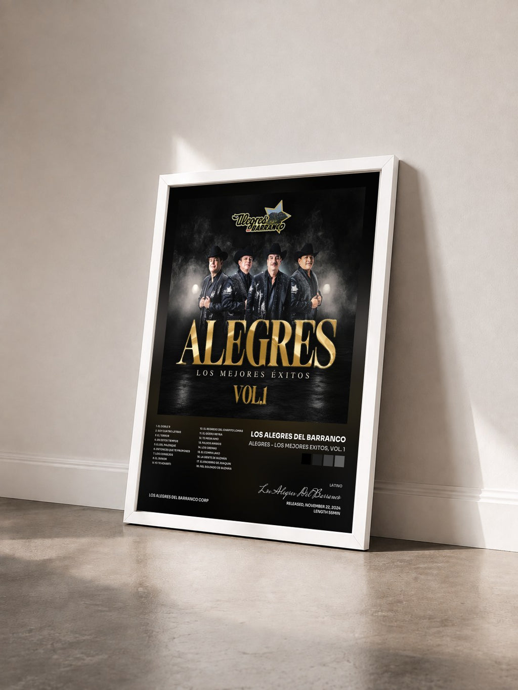 #blanc Tableau de l'album Alegres - Los Mejores Exitos, Vol. 1 de Los Alegres Del Barranco vu de trois quarts, cadre blanc