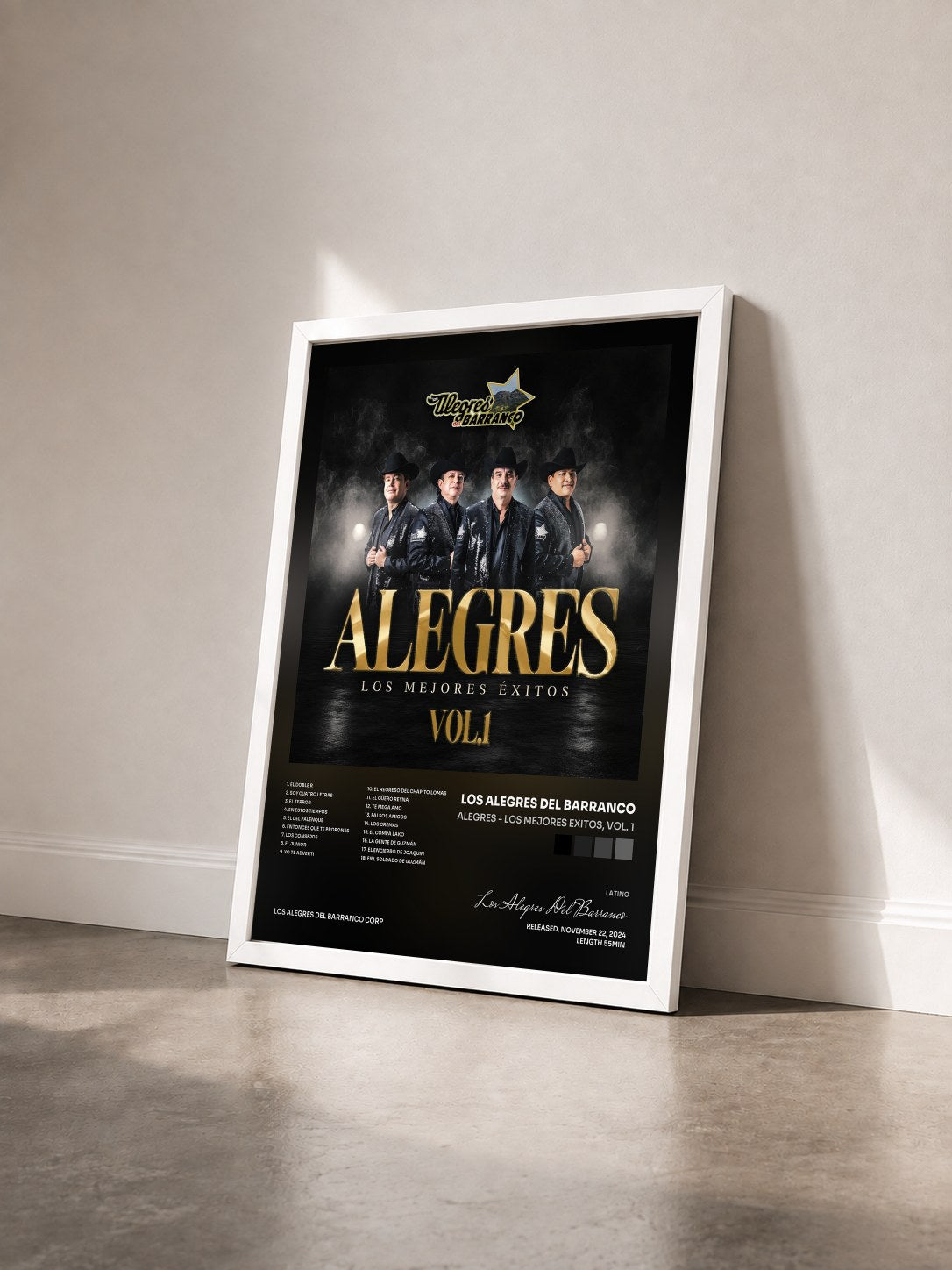 #blanc Tableau de l'album Alegres - Los Mejores Exitos, Vol. 1 de Los Alegres Del Barranco vu de trois quarts, cadre blanc