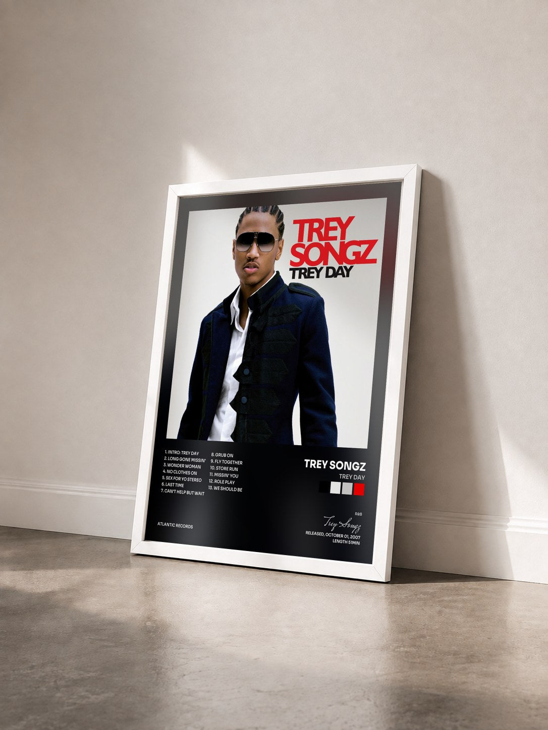 #blanc Tableau de l'album Trey Day de Trey Songz vu de trois quarts, cadre blanc