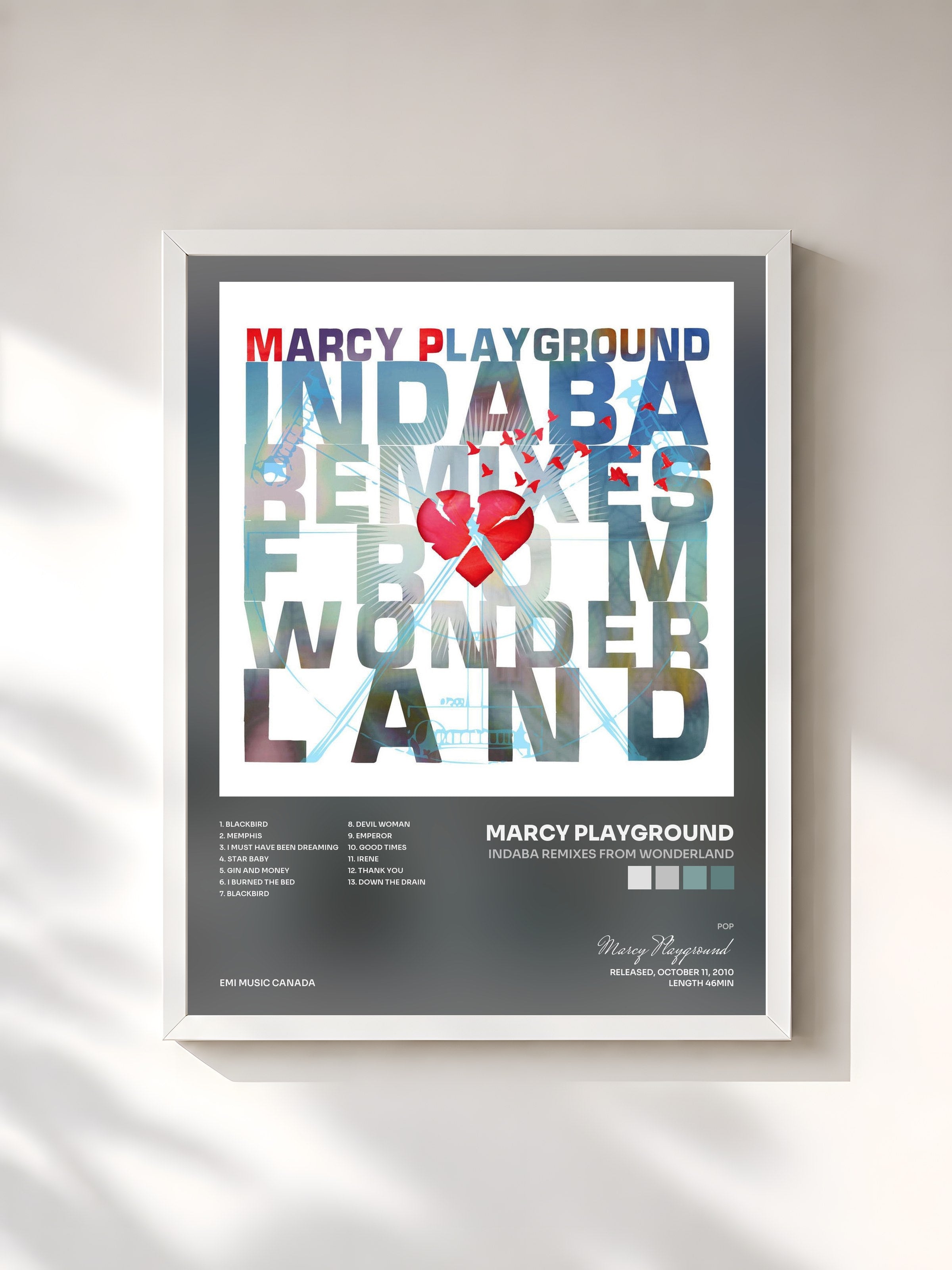 #blanc Tableau de l'album Indaba Remixes From Wonderland de Marcy Playground, cadre blanc, imprimé et encadré en France