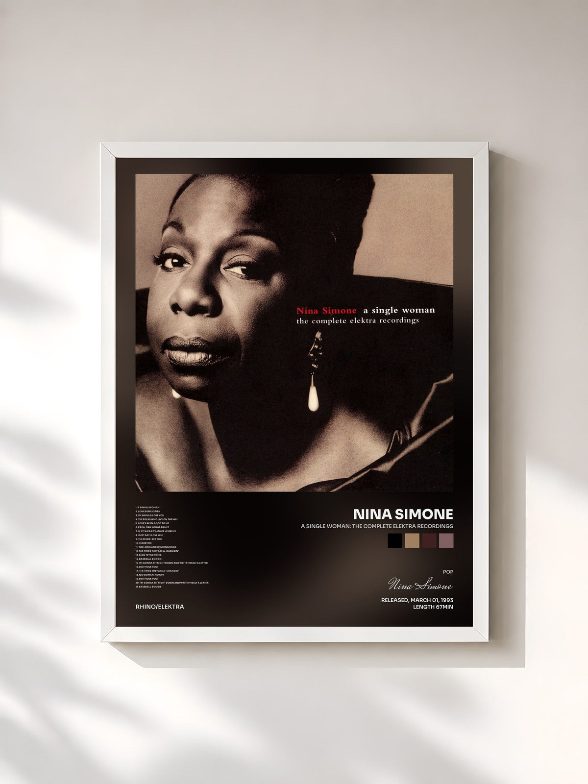 #blanc Tableau de l'album A Single Woman: The Complete Elektra Recordings de Nina Simone, cadre blanc, imprimé et encadré en France