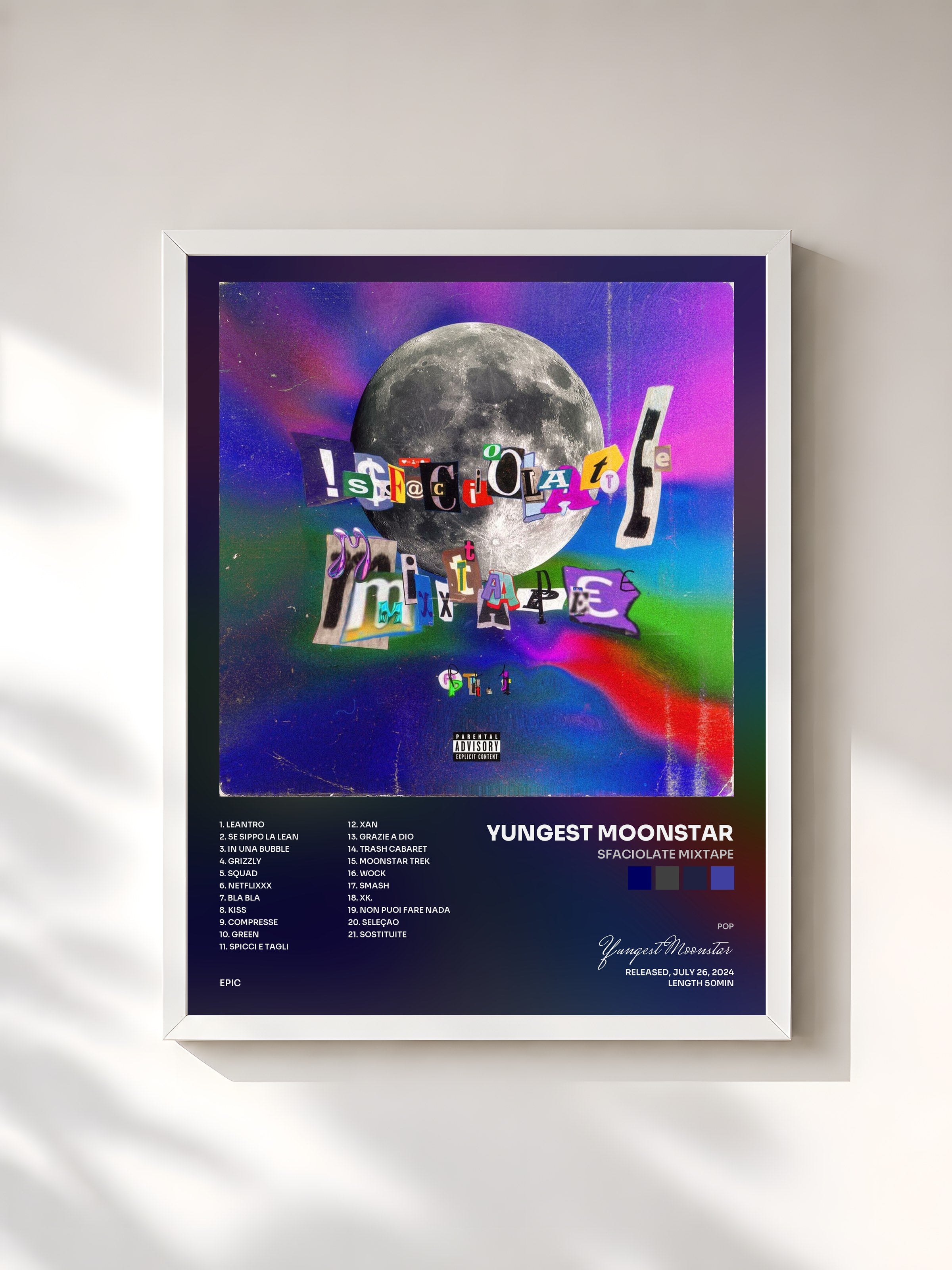 #blanc Tableau de l'album sFaCioLaTe miXTaPe de Yungest Moonstar, cadre blanc, imprimé et encadré en France