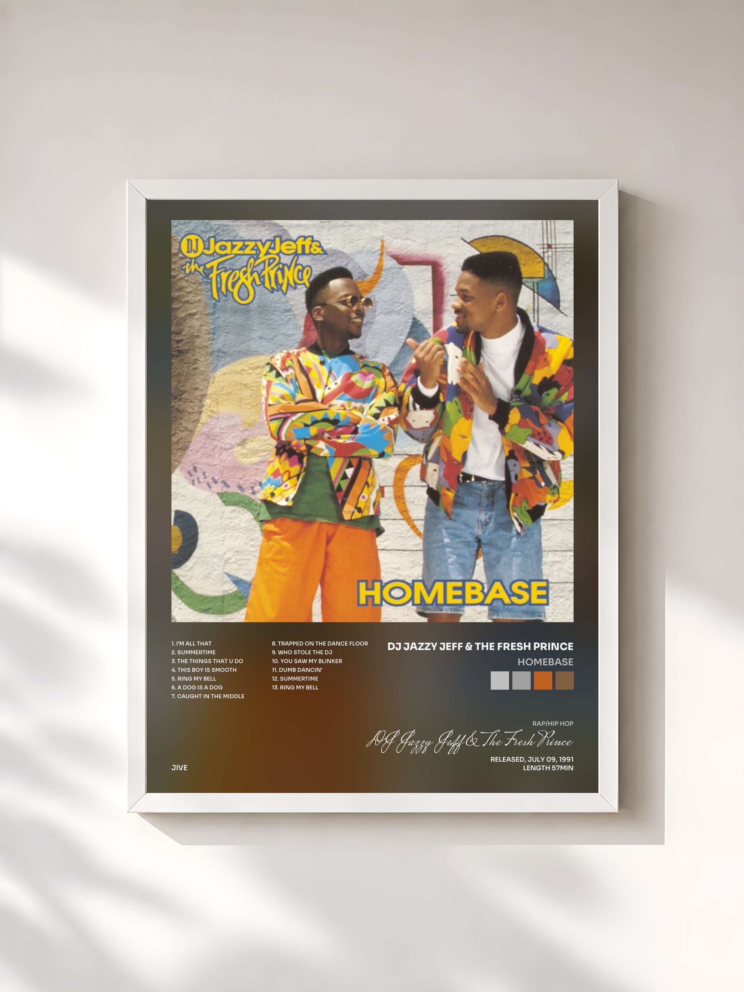 #blanc Tableau de l'album Homebase de DJ Jazzy Jeff & The Fresh Prince, cadre blanc, imprimé et encadré en France