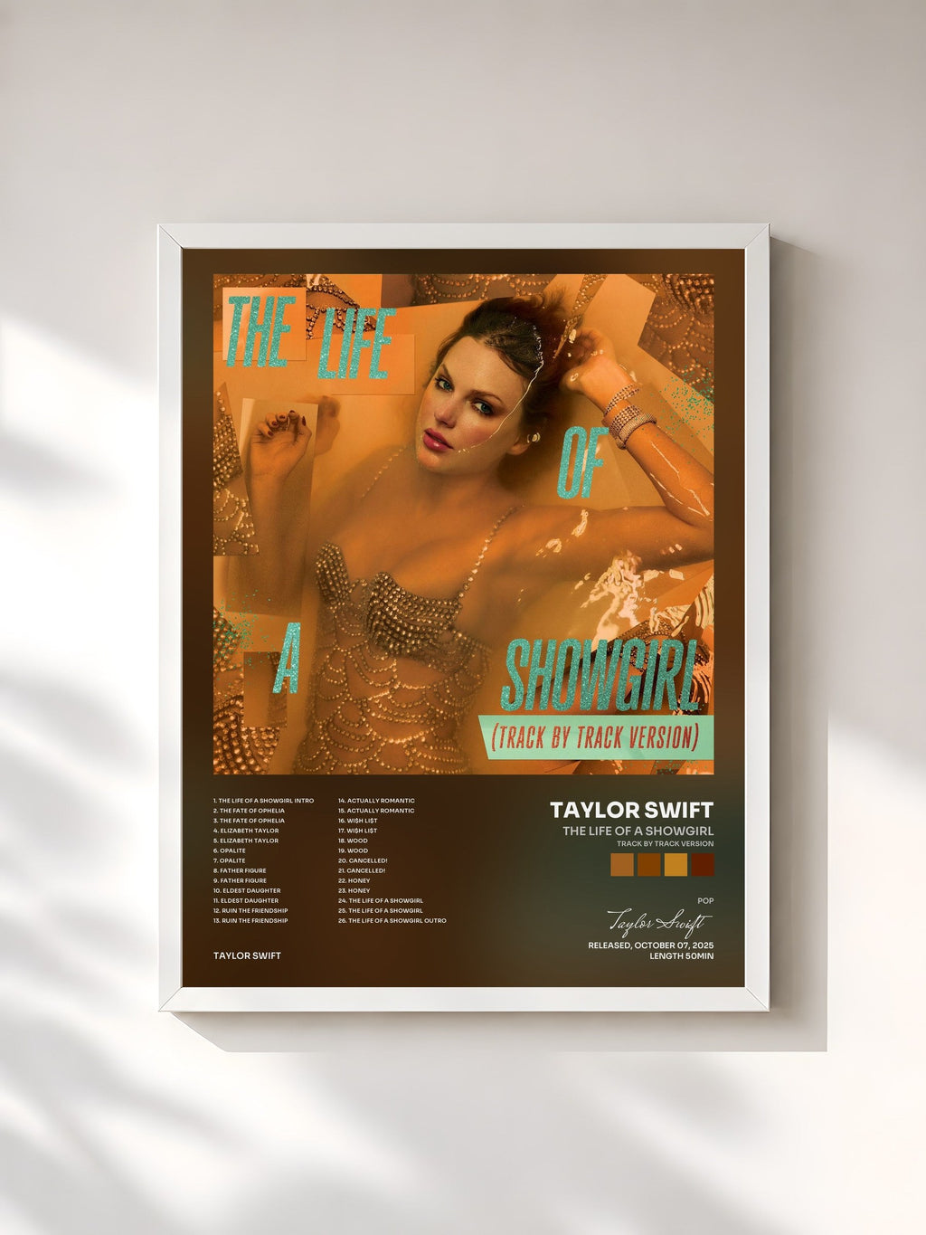 #blanc The Life of a Showgirl (Track by Track Version) de Taylor Swift en lámina enmarcada, marco blanco, impresa y enmarcada en Francia