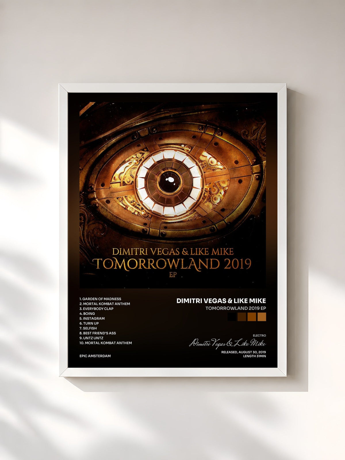 #blanc Tableau de l'album Tomorrowland 2019 EP de Dimitri Vegas & Like Mike, cadre blanc, imprimé et encadré en France