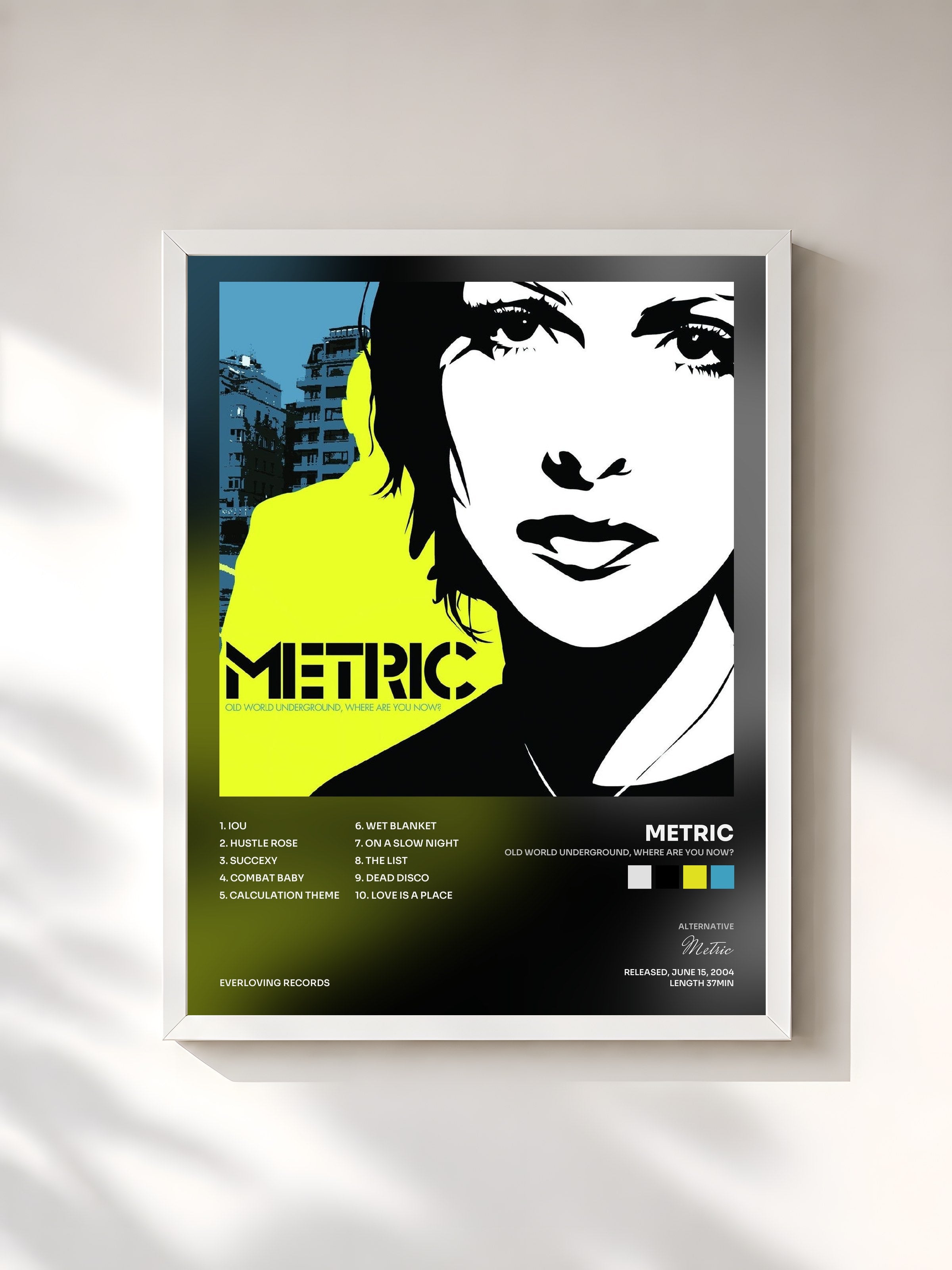 #blanc Tableau de l'album Old World Underground, Where Are You Now? de Metric, cadre blanc, imprimé et encadré en France