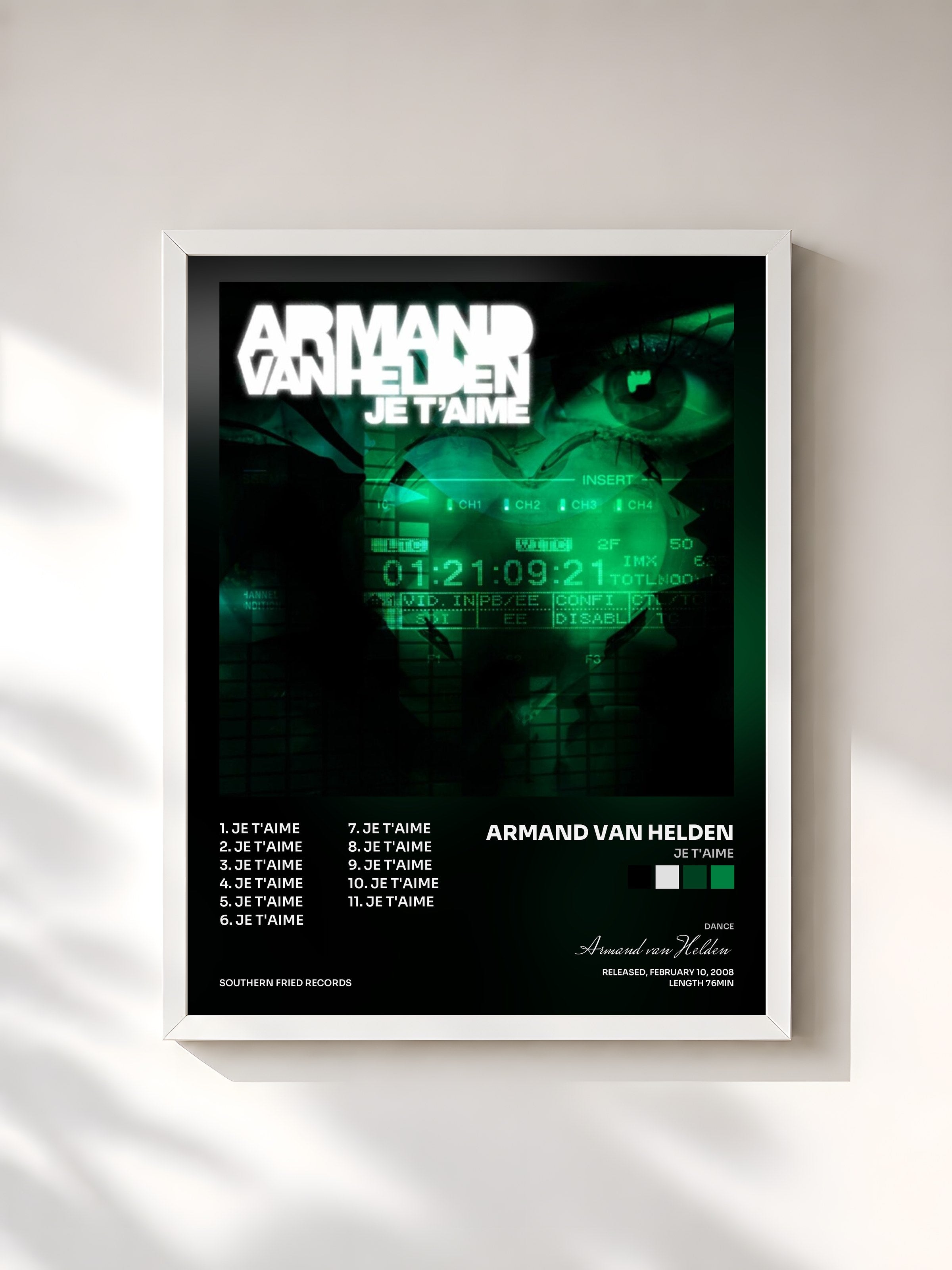 #blanc Tableau de l'album Je T'aime de Armand van Helden, cadre blanc, imprimé et encadré en France