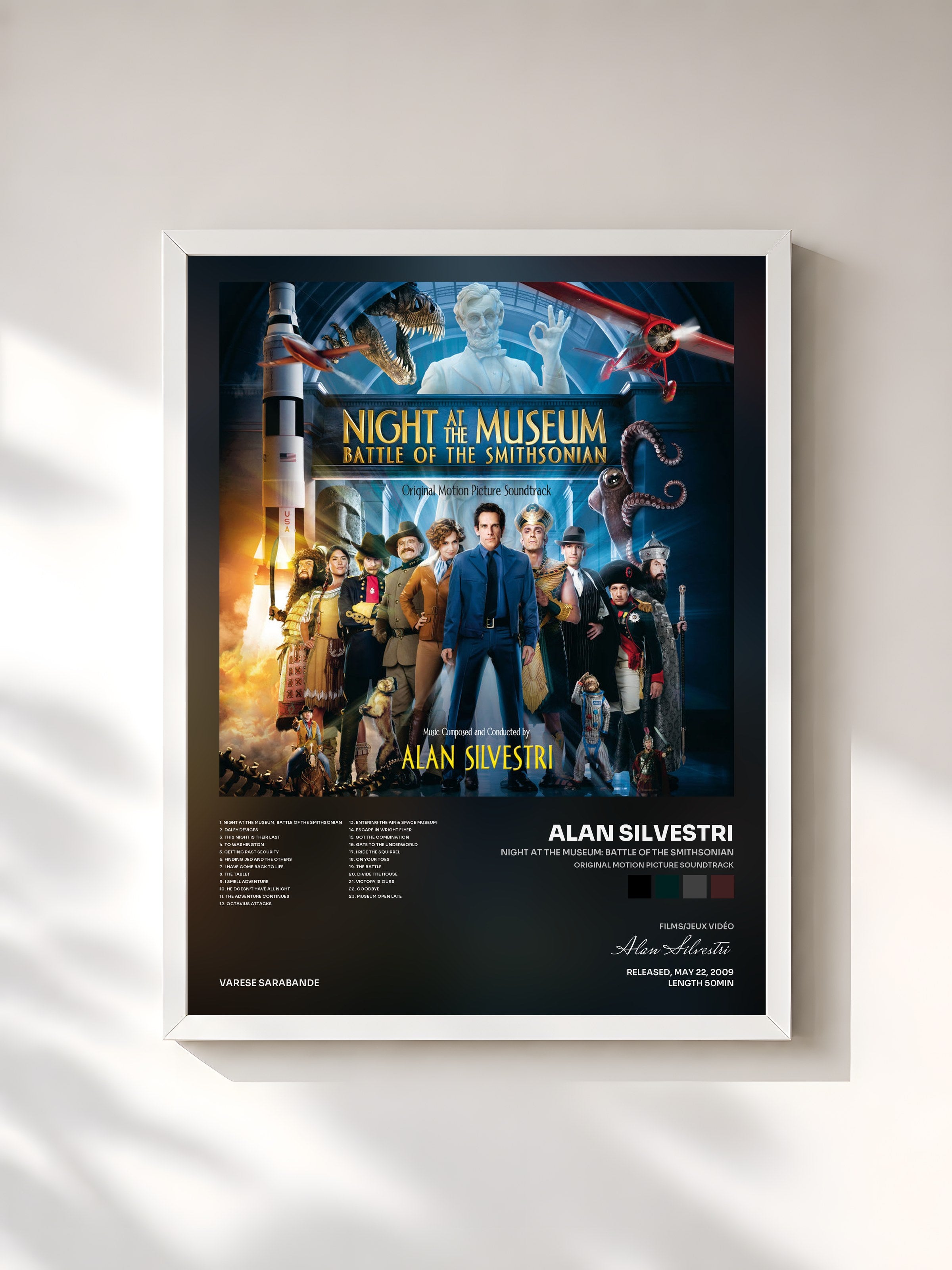 #blanc Tableau de l'album Night At The Museum: Battle Of The Smithsonian (Original Motion Picture Soundtrack) de Alan Silvestri, cadre blanc, imprimé et encadré en France