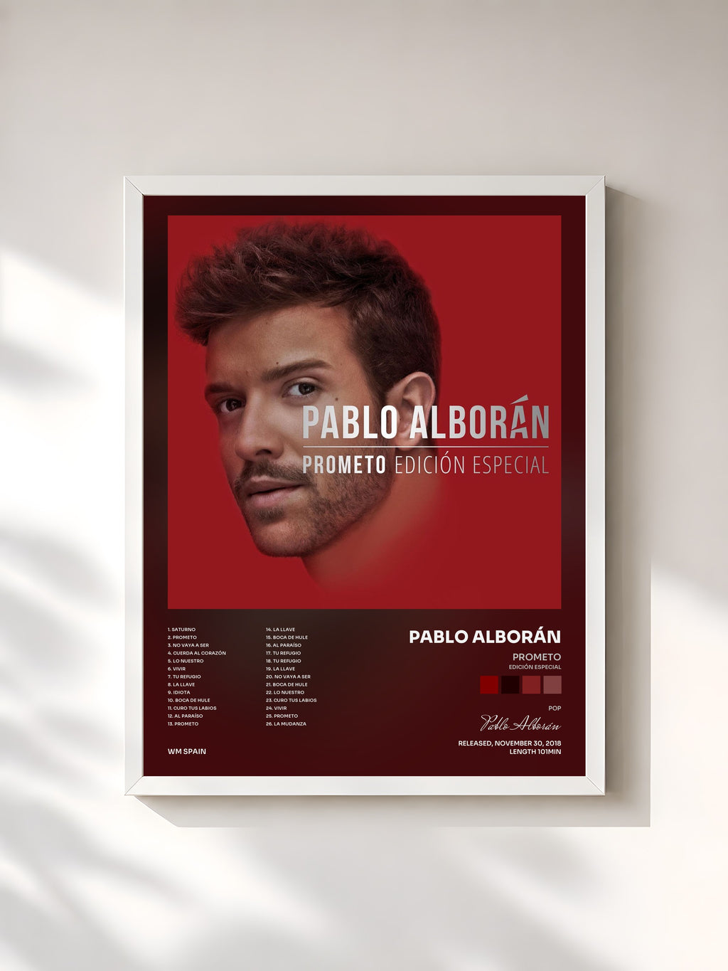 #blanc Tableau de l'album Prometo (Edición especial) de Pablo Alborán, cadre blanc, imprimé et encadré en France