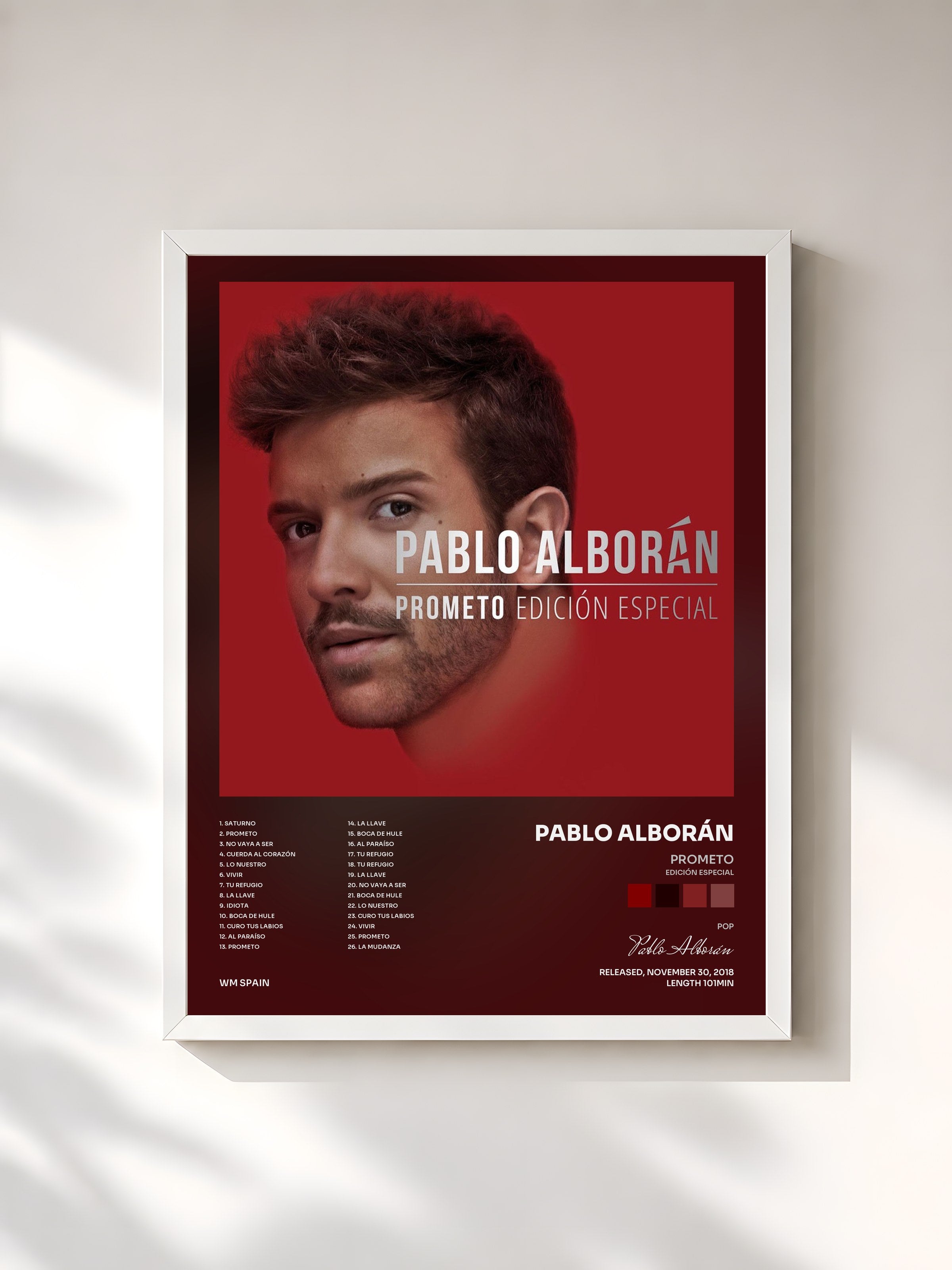 #blanc Tableau de l'album Prometo (Edición especial) de Pablo Alborán, cadre blanc, imprimé et encadré en France