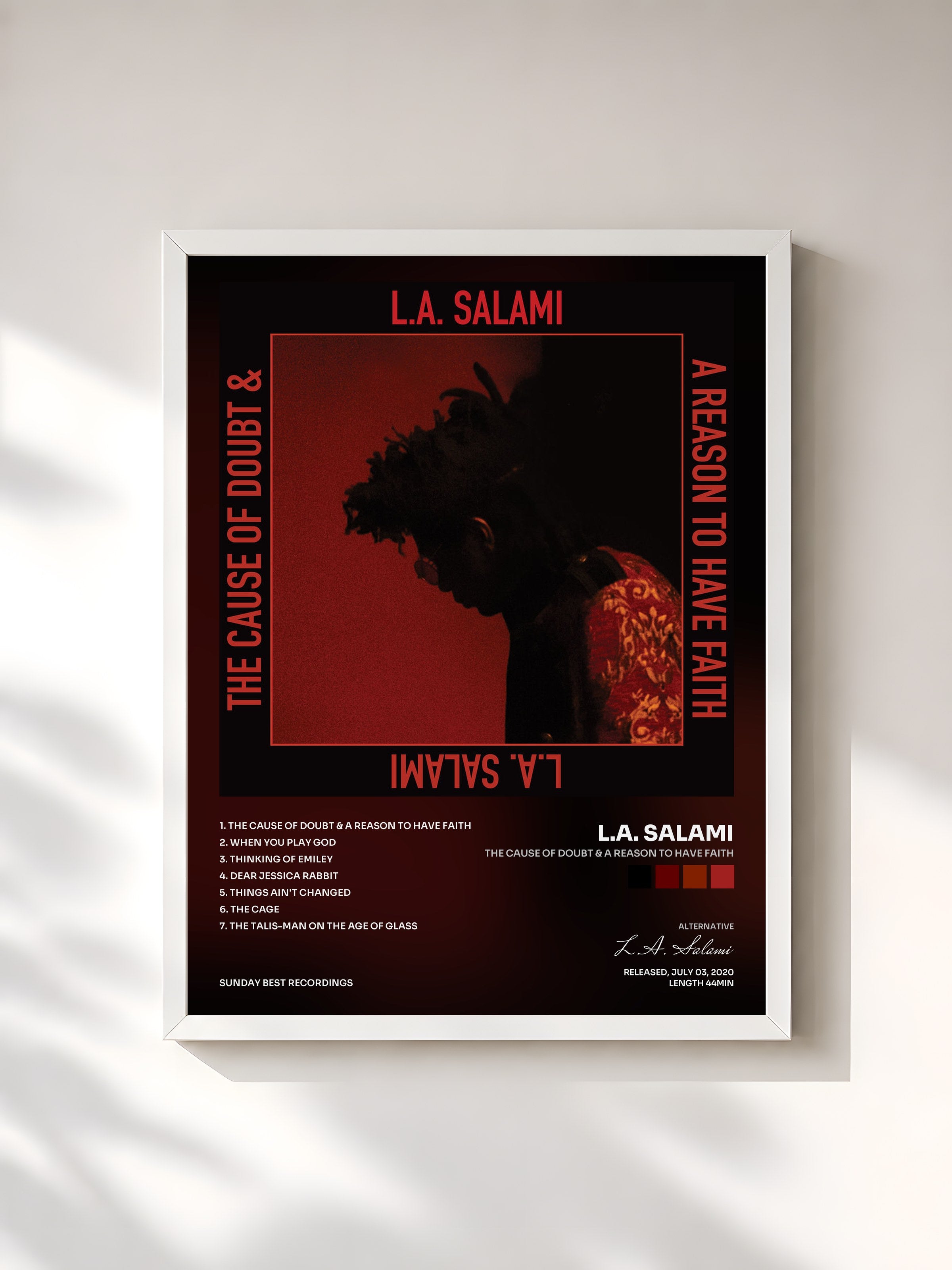#blanc Tableau de l'album The Cause of Doubt & a Reason to Have Faith de L.A. Salami, cadre blanc, imprimé et encadré en France