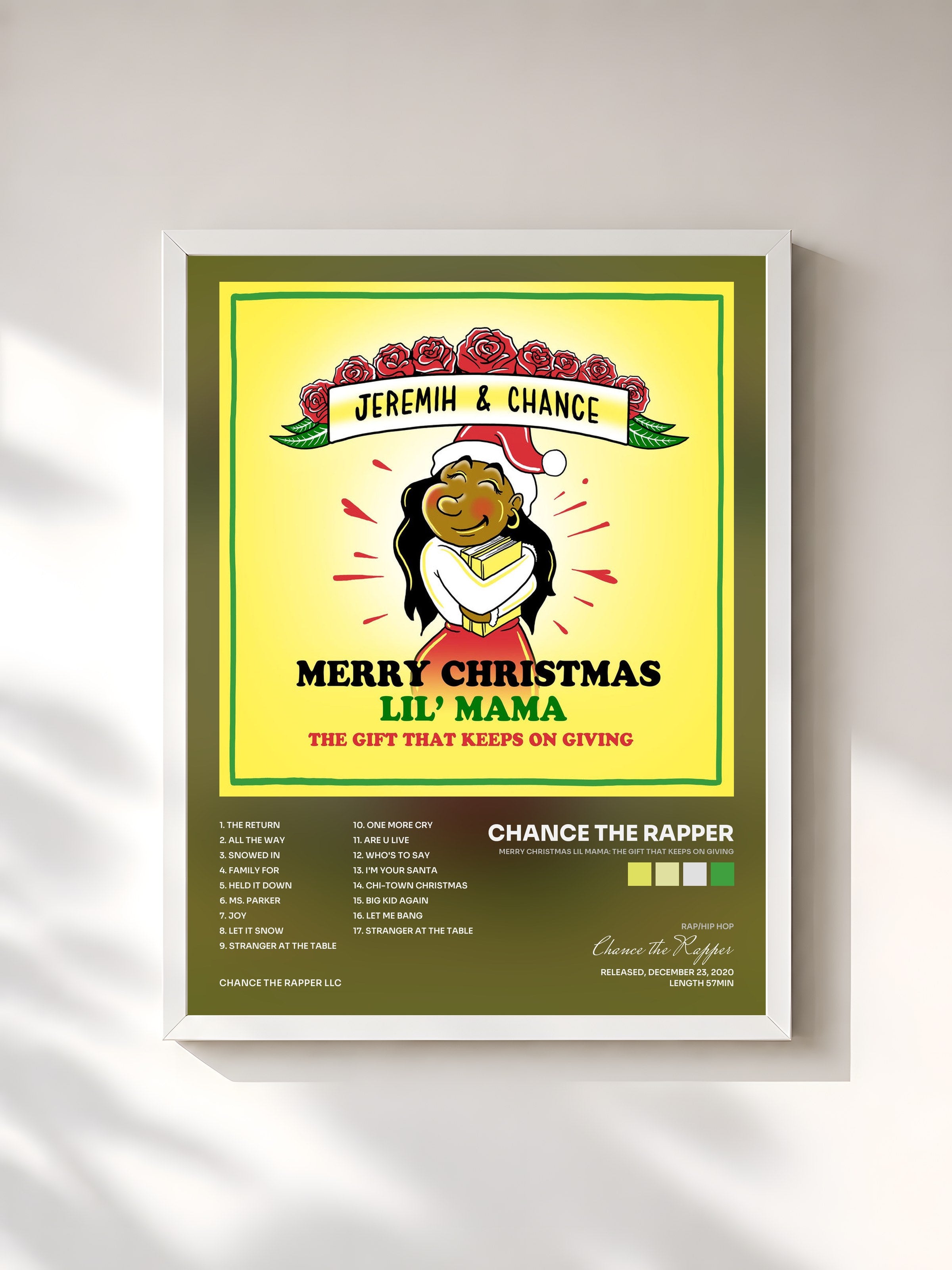 #blanc Tableau de l'album Merry Christmas Lil Mama: The Gift That Keeps On Giving de Chance the Rapper, cadre blanc, imprimé et encadré en France