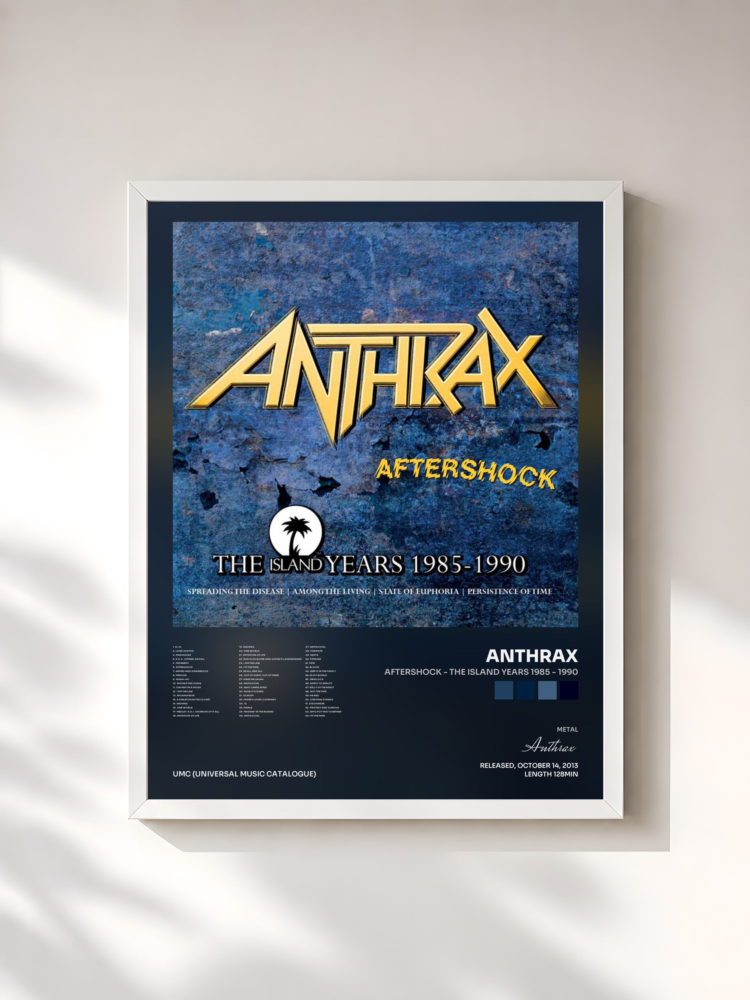 #blanc Tableau de l'album Aftershock - The Island Years 1985 - 1990 de Anthrax, cadre blanc, imprimé et encadré en France