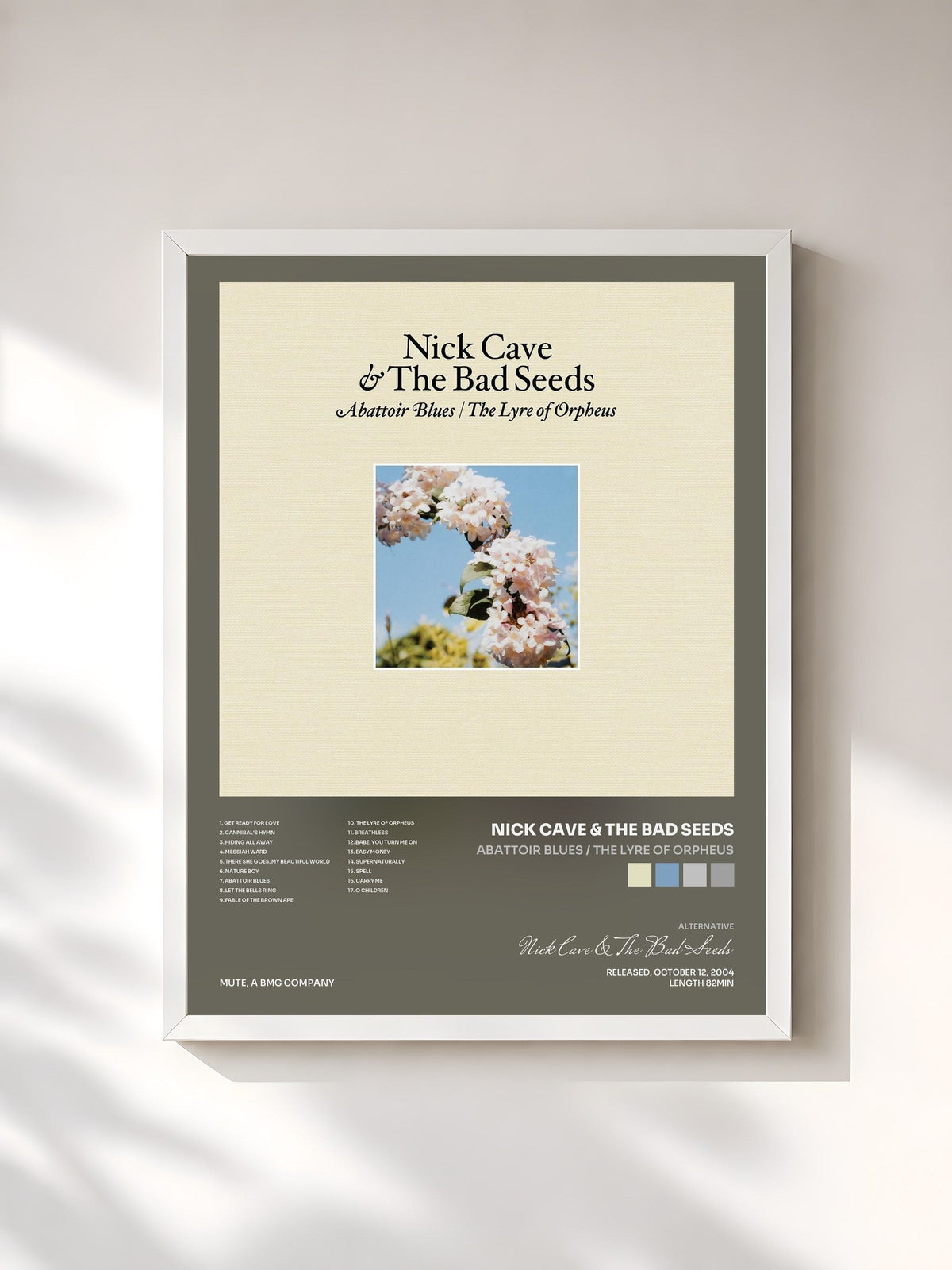 #blanc Tableau de l'album Abattoir Blues / The Lyre of Orpheus de Nick Cave & The Bad Seeds, cadre blanc, imprimé et encadré en France