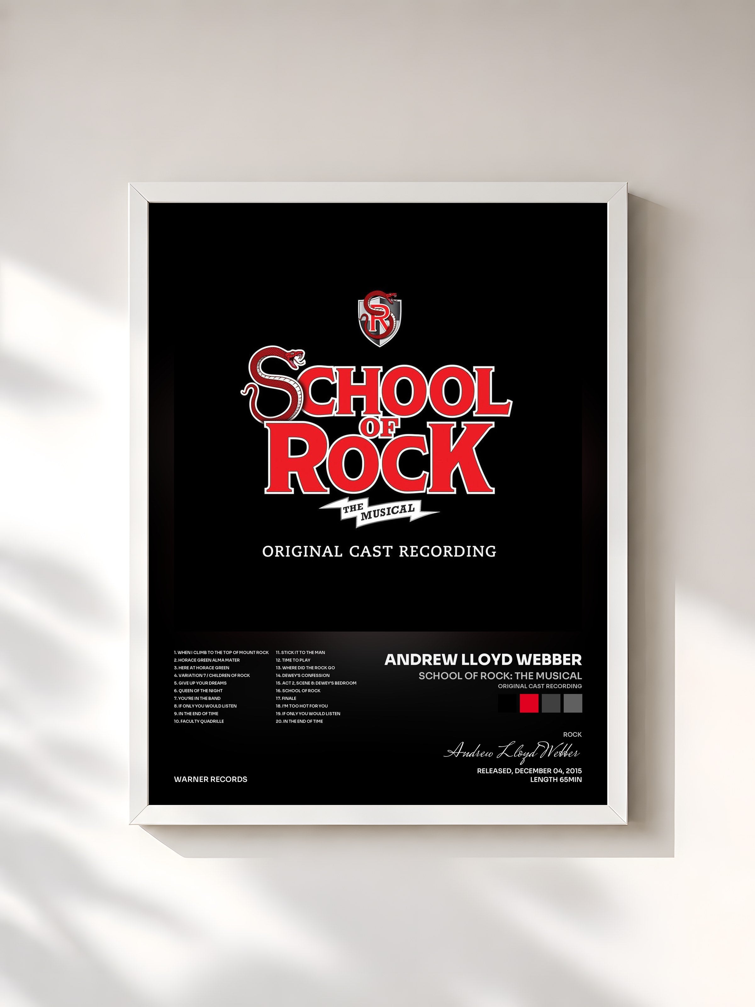 #blanc Tableau de l'album School of Rock: The Musical (Original Cast Recording) de Andrew Lloyd Webber, cadre blanc, imprimé et encadré en France