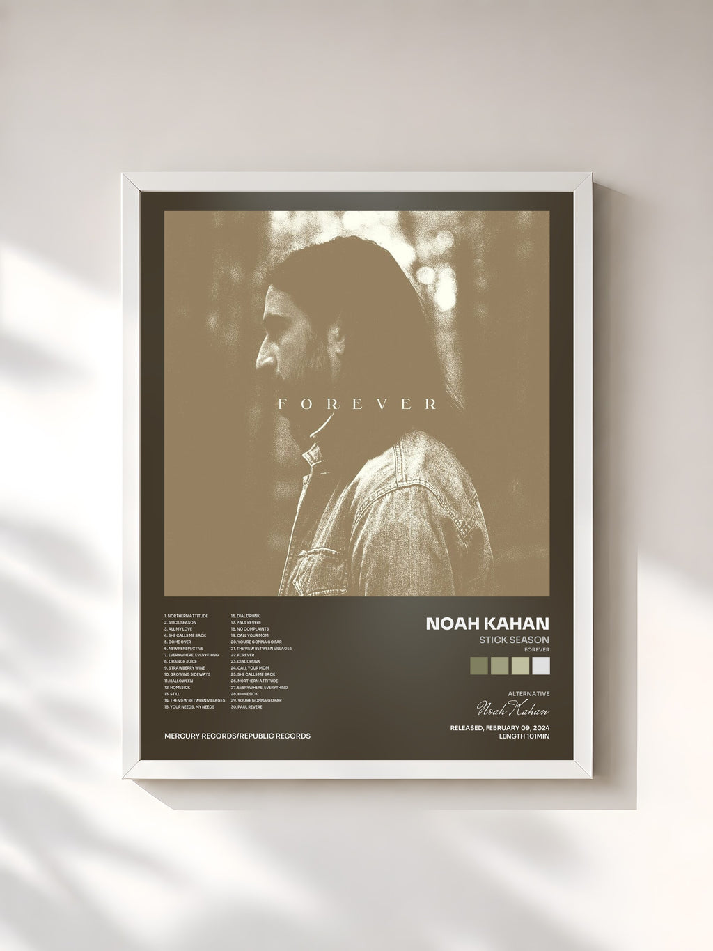 #blanc Tableau de l'album Stick Season (Forever) de Noah Kahan, cadre blanc, imprimé et encadré en France