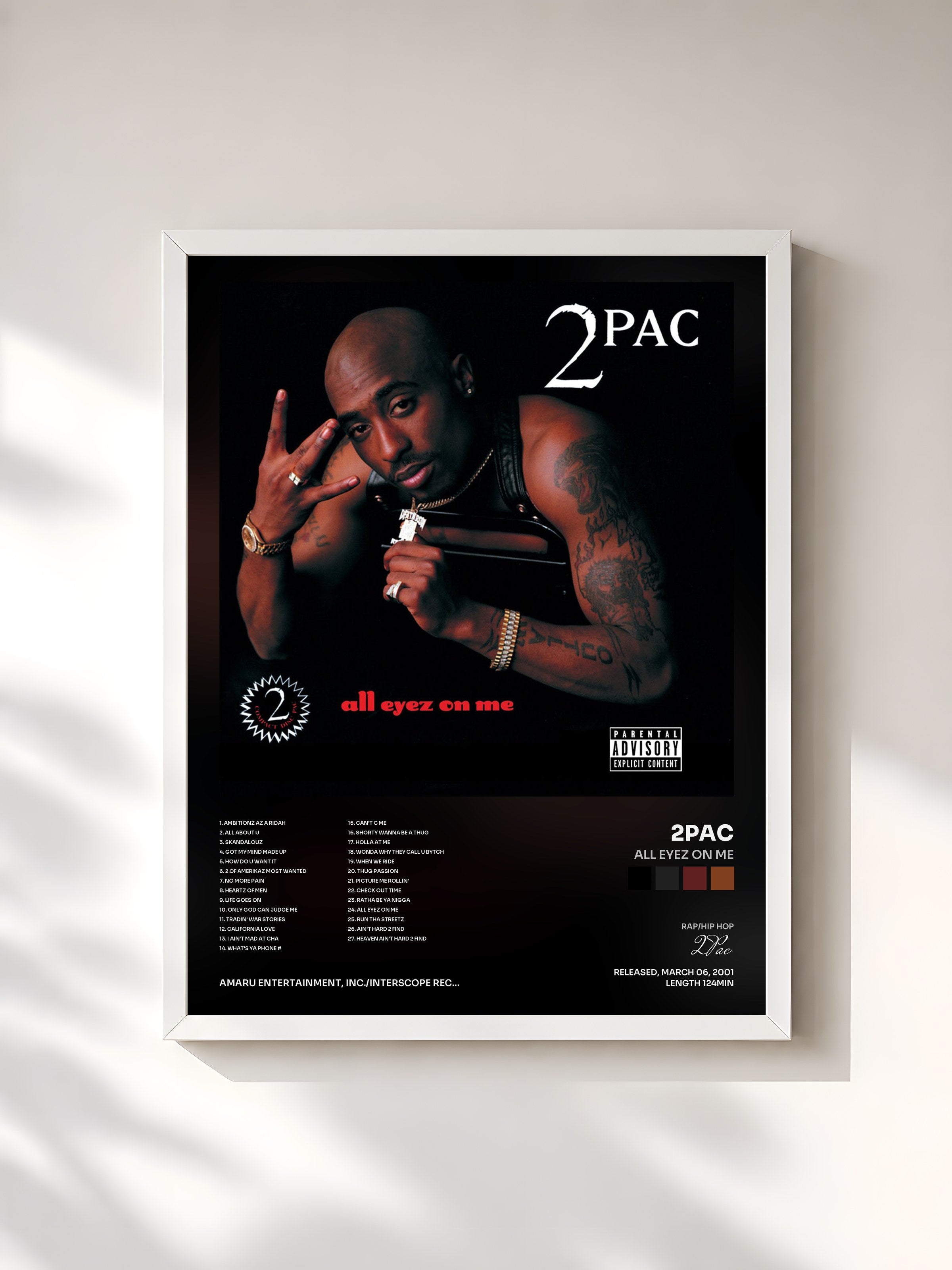 #blanc Tableau de l'album All Eyez On Me de 2Pac, cadre blanc, imprimé et encadré en France