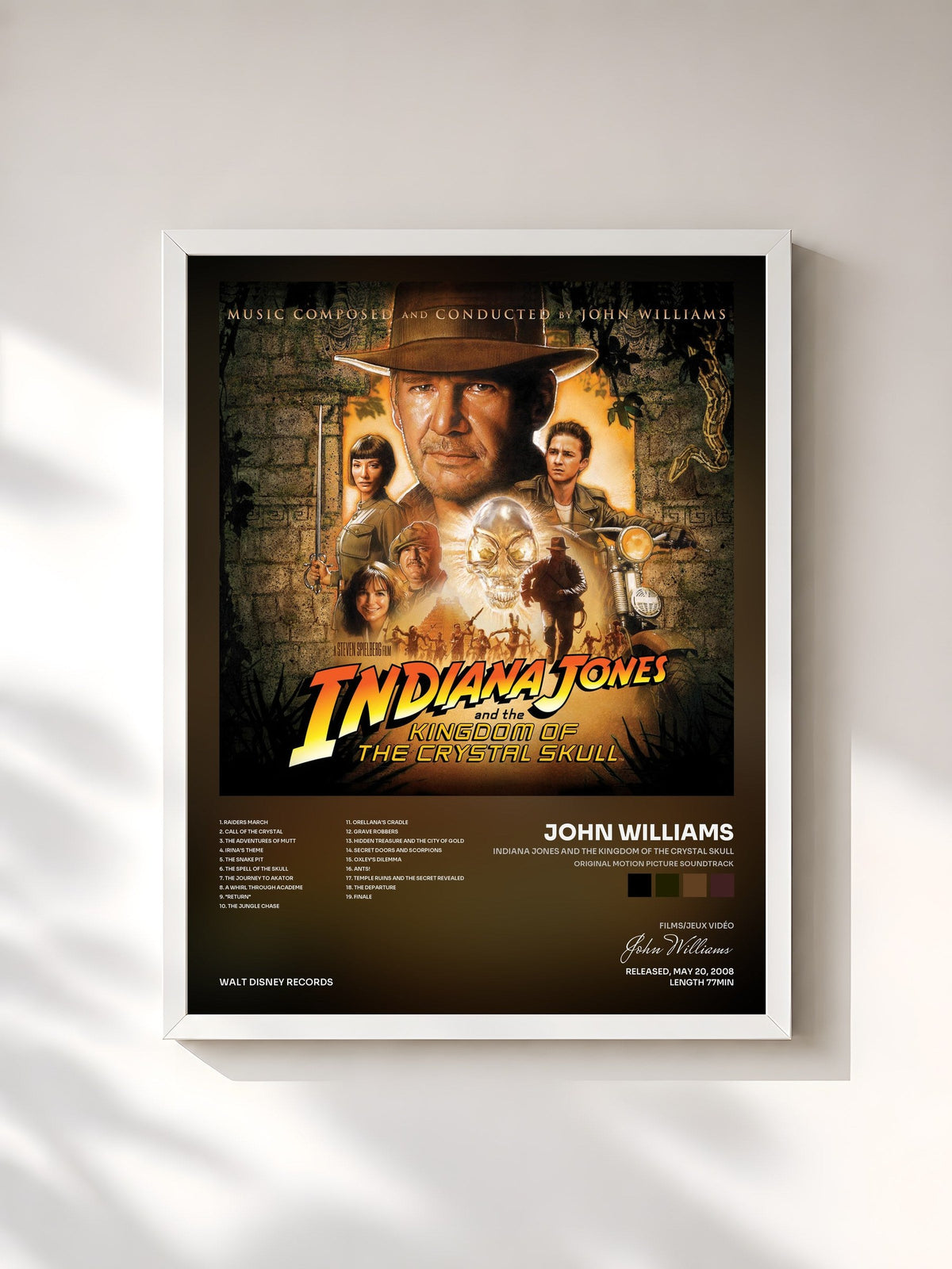 #blanc Tableau de l'album Indiana Jones and the Kingdom of the Crystal Skull (Original Motion Picture Soundtrack) de John Williams, cadre blanc, imprimé et encadré en France