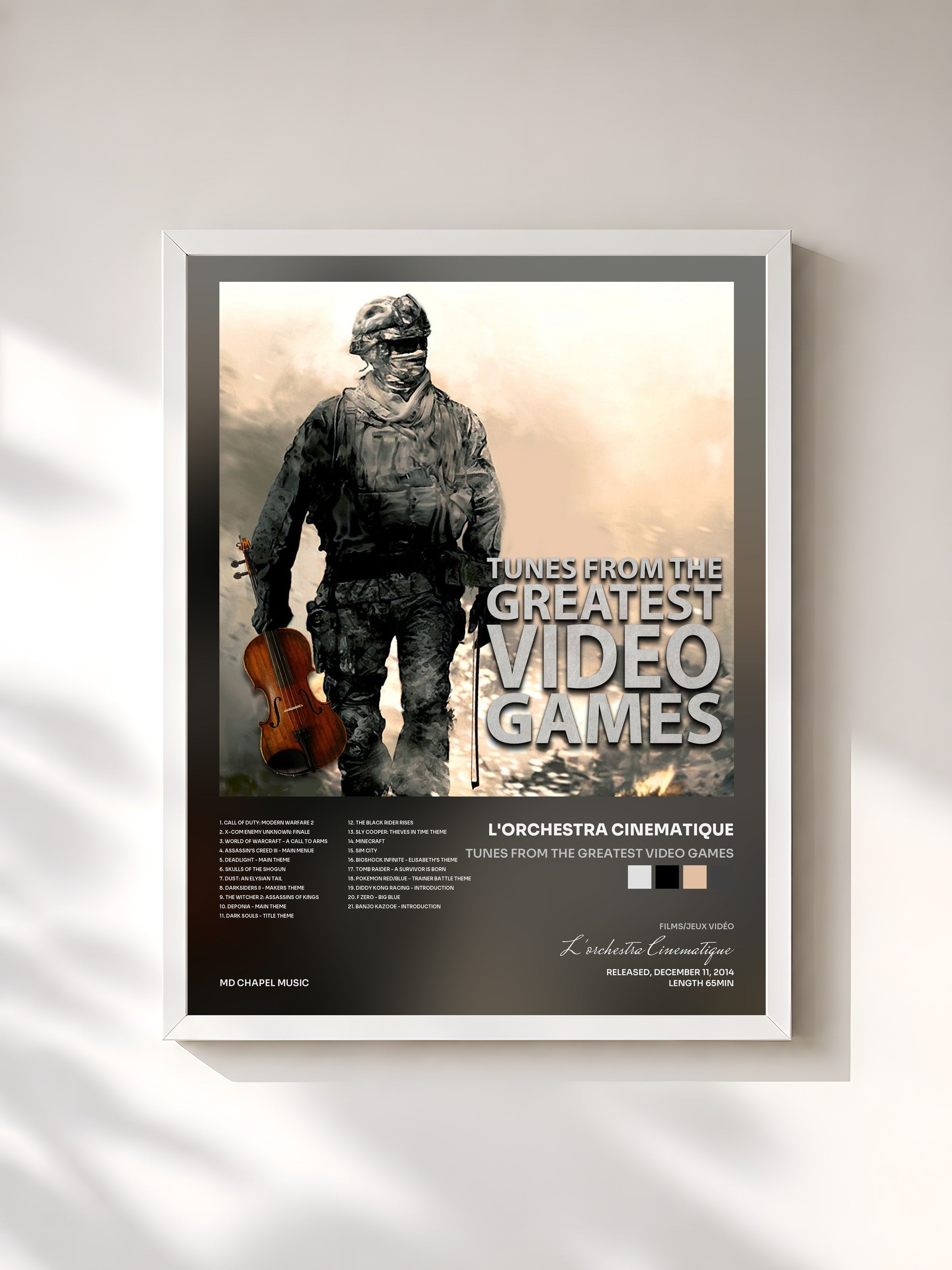 #blanc Tableau de l'album Tunes from the Greatest Video Games de L'orchestra Cinematique, cadre blanc, imprimé et encadré en France