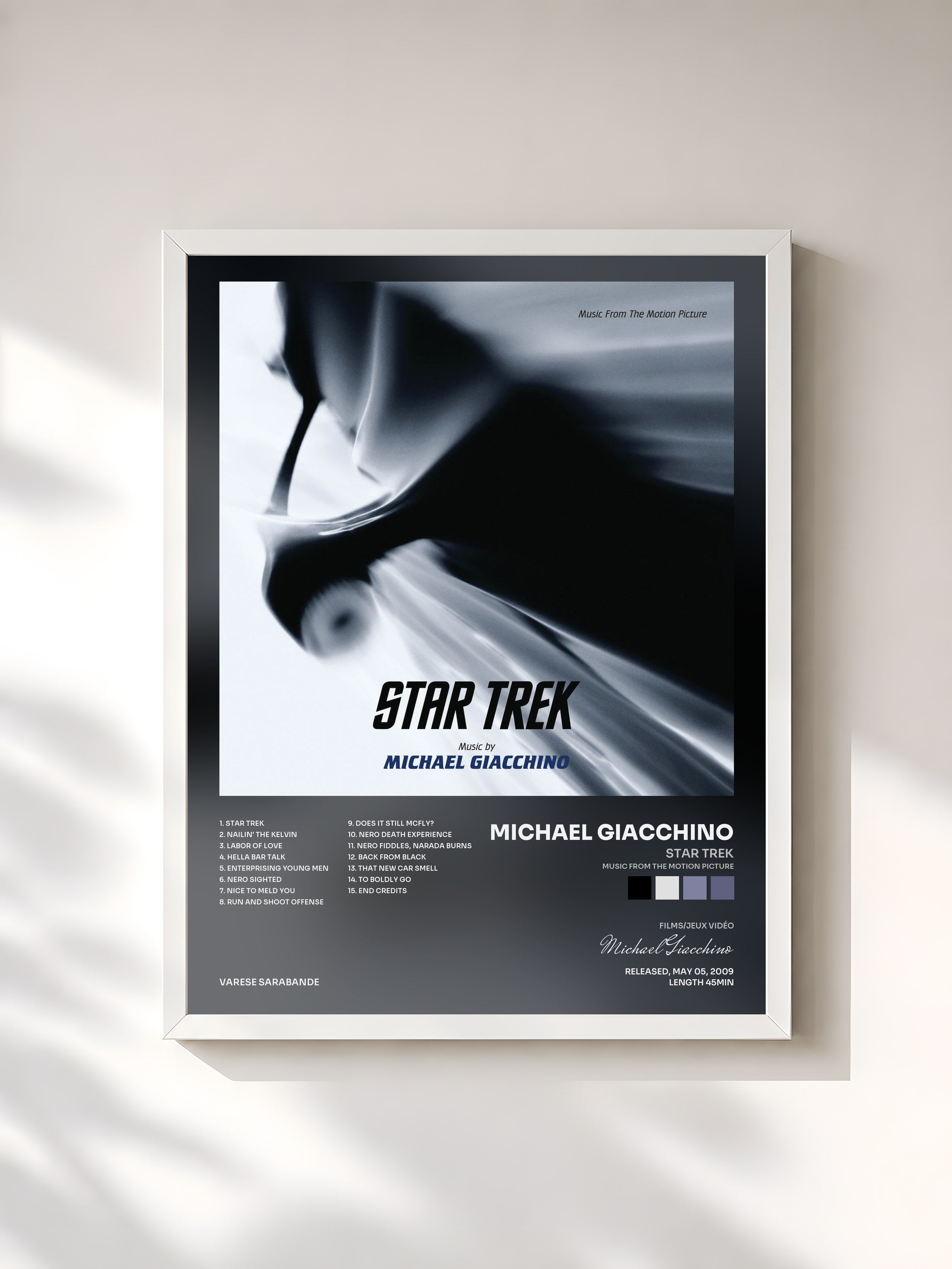 #blanc Tableau de l'album Star Trek (Music From The Motion Picture) de Michael Giacchino, cadre blanc, imprimé et encadré en France