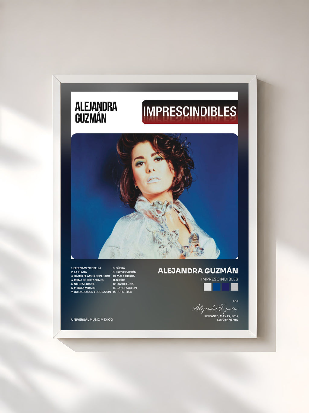 #blanc Tableau de l'album Imprescindibles de Alejandra Guzmán, cadre blanc, imprimé et encadré en France
