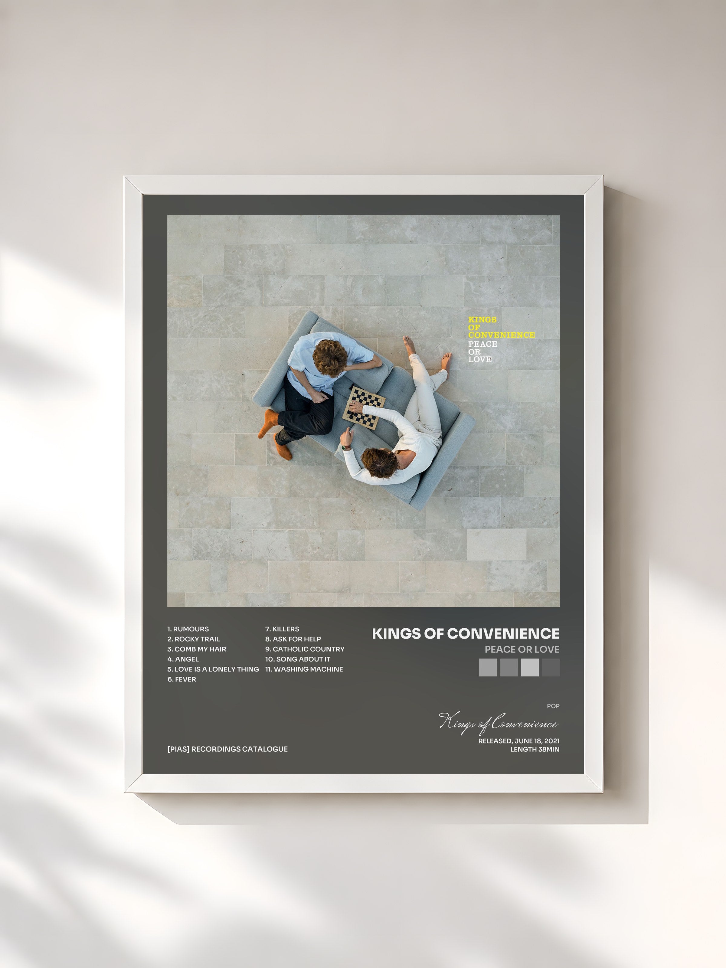 #blanc Tableau de l'album Peace Or Love de Kings of Convenience, cadre blanc, imprimé et encadré en France