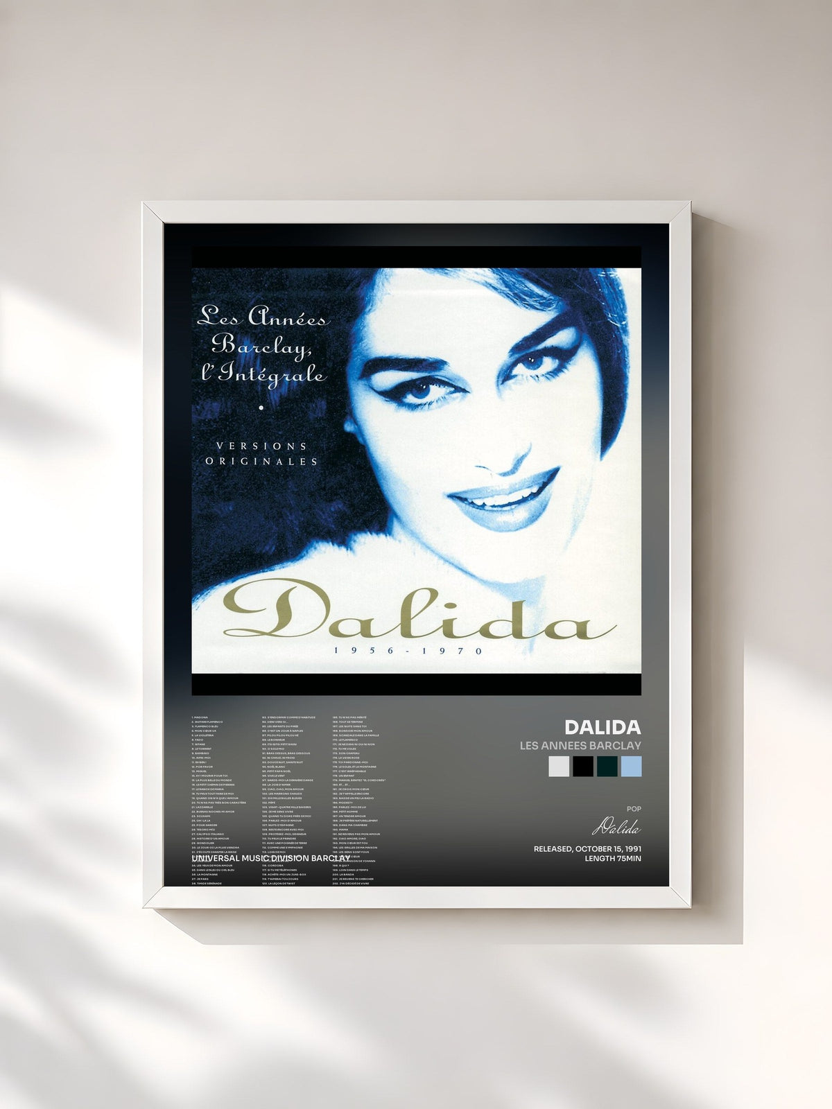 #blanc Les Annees Barclay by Dalida as a framed art print, white frame, printed and framed in France