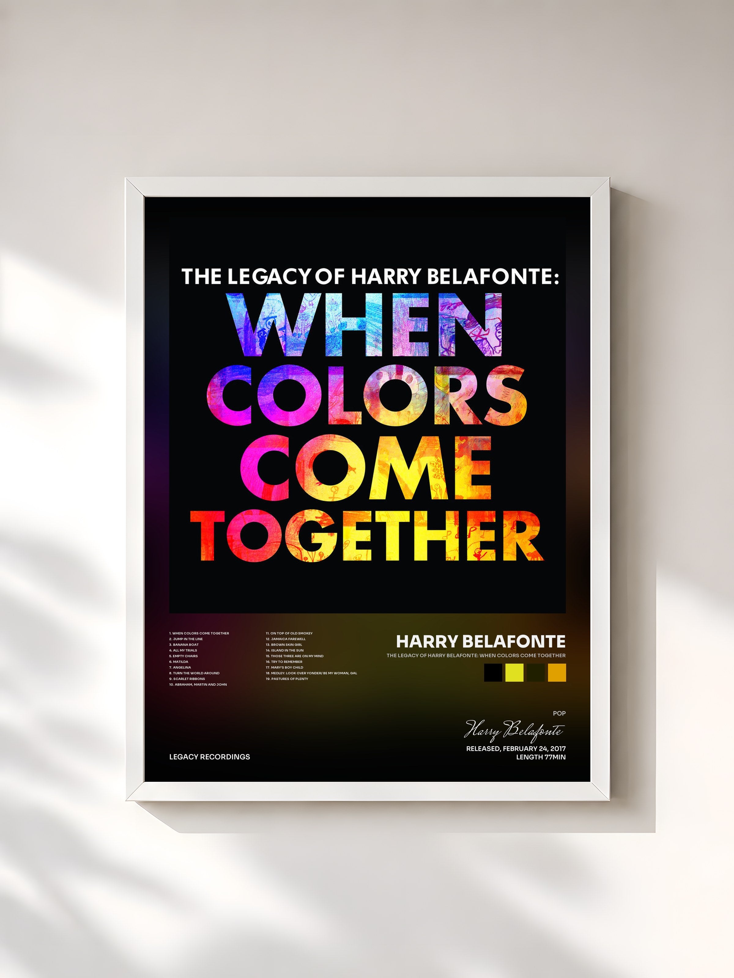 #blanc Tableau de l'album The Legacy of Harry Belafonte: When Colors Come Together de Harry Belafonte, cadre blanc, imprimé et encadré en France