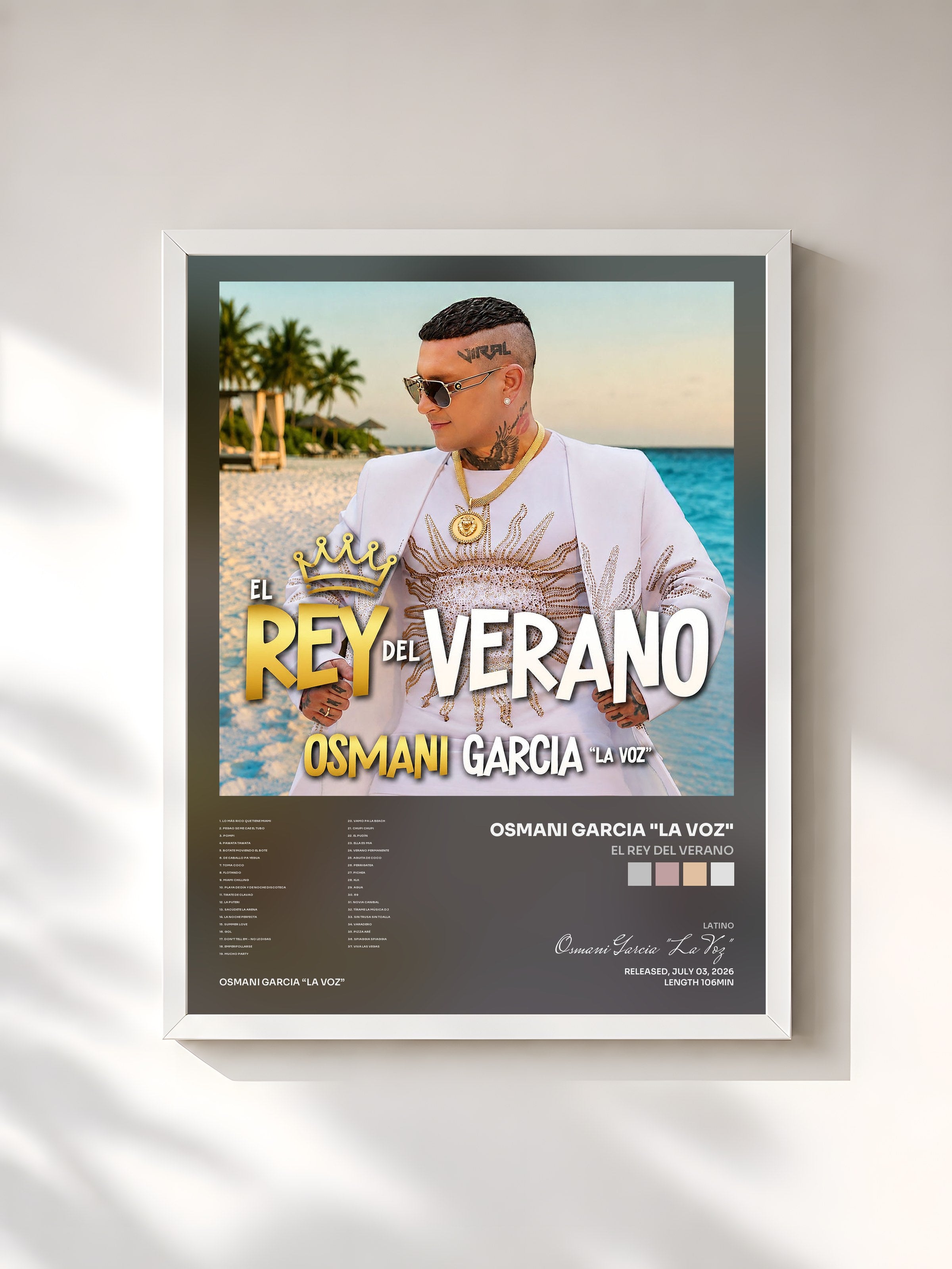 #blanc Tableau de l'album El Rey del Verano de Osmani Garcia "La Voz", cadre blanc, imprimé et encadré en France