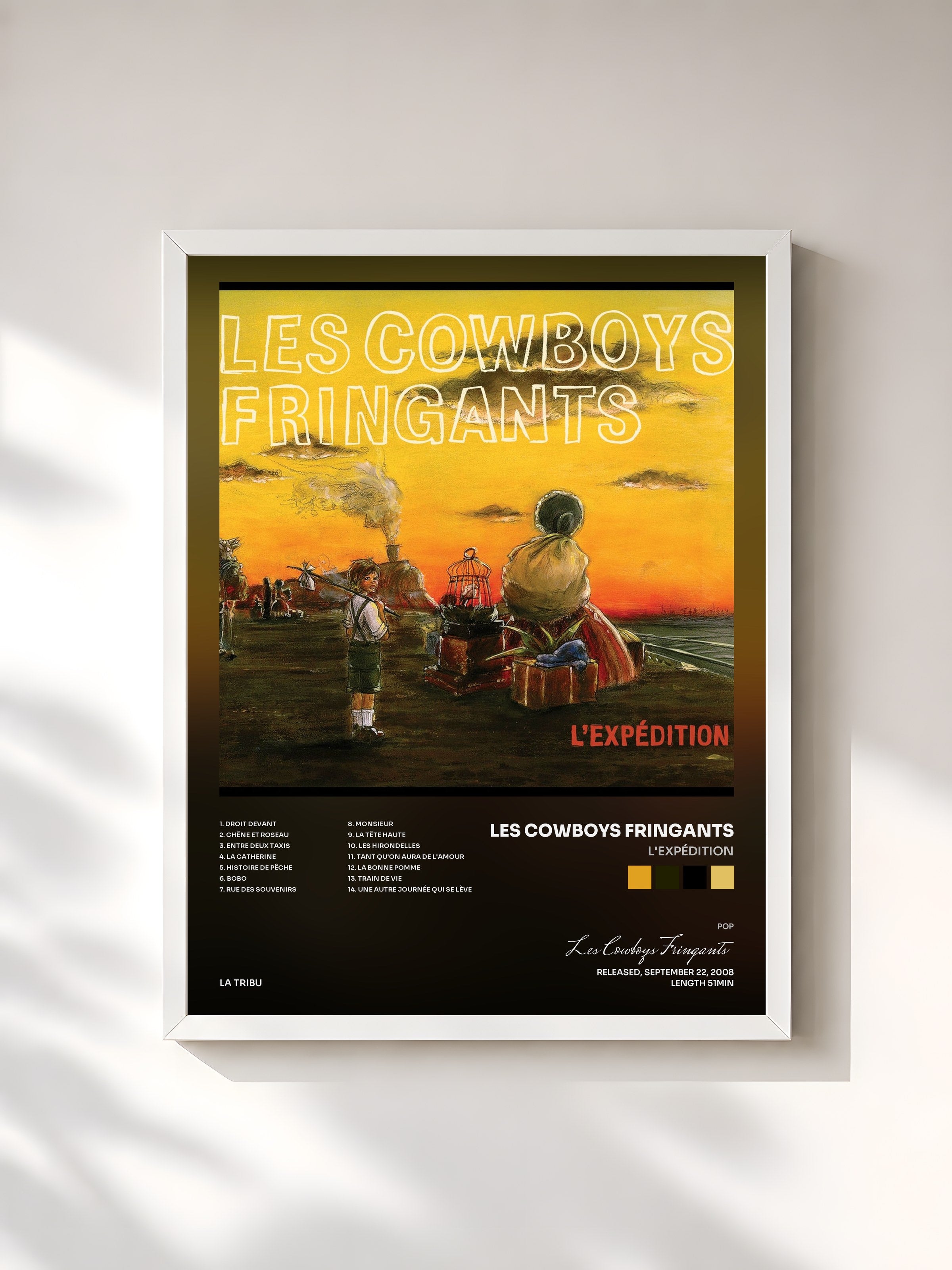 #blanc Tableau de l'album L'expédition de Les Cowboys Fringants, cadre blanc, imprimé et encadré en France