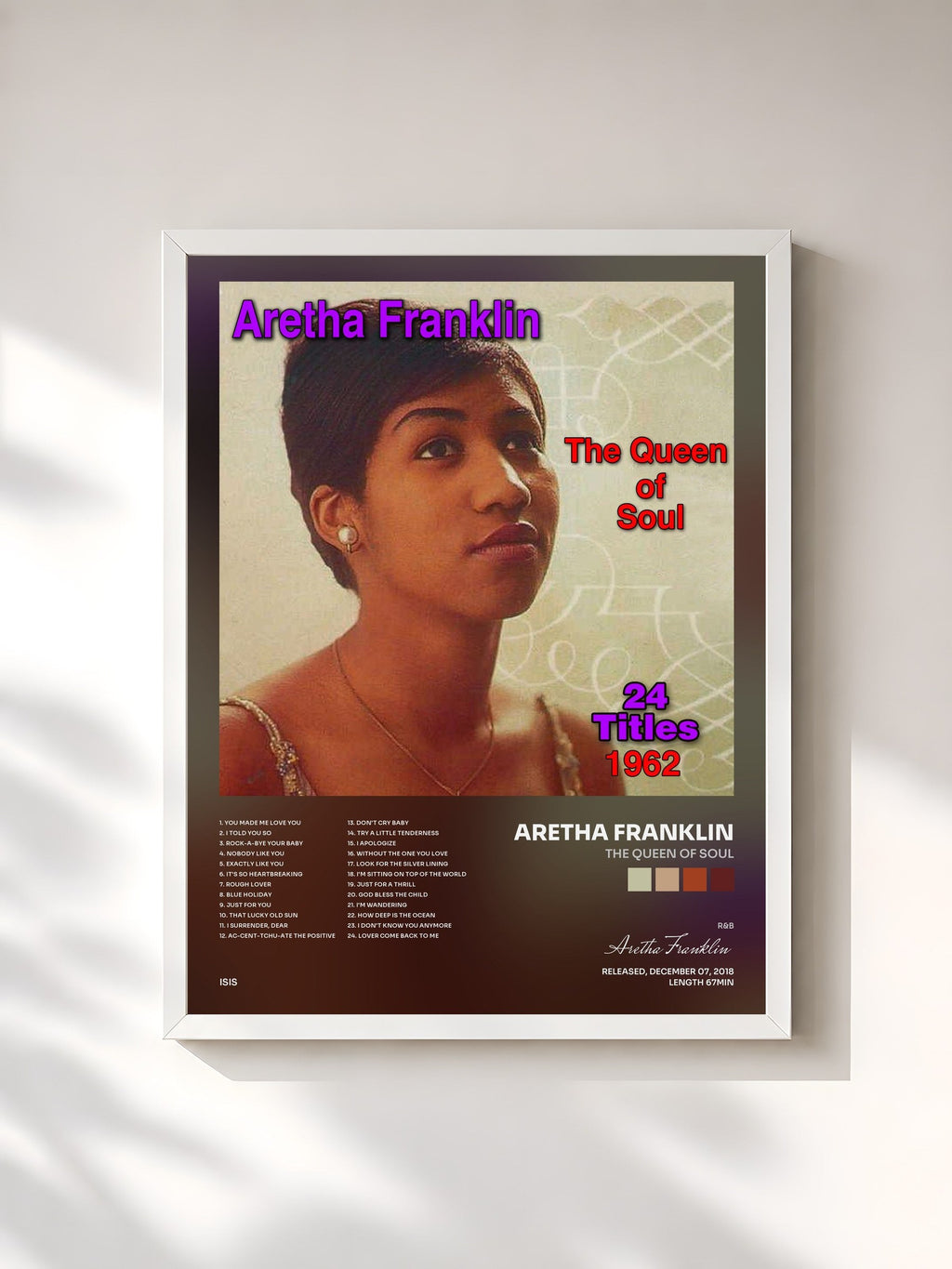 #blanc Tableau de l'album The Queen of Soul de Aretha Franklin, cadre blanc, imprimé et encadré en France