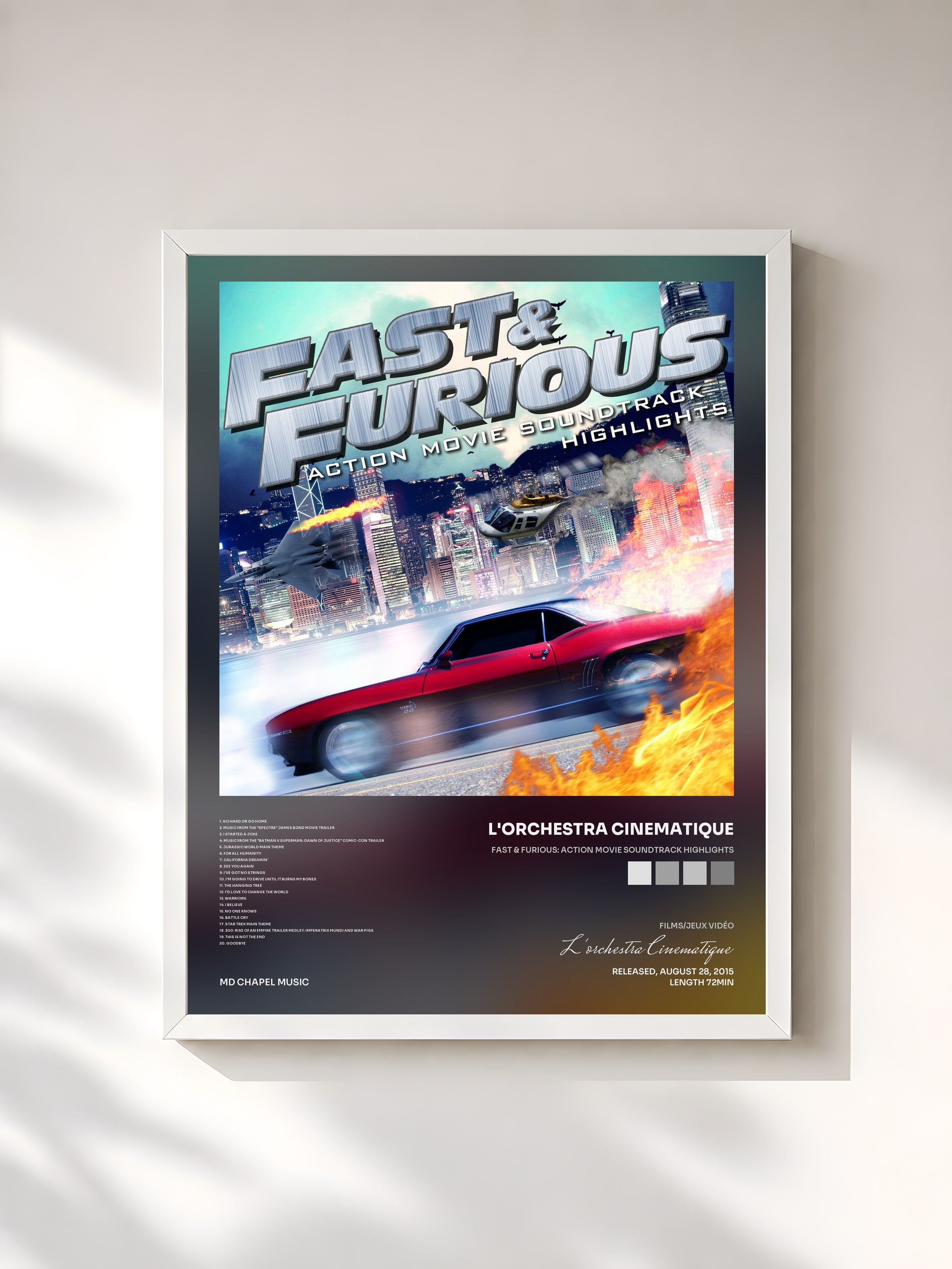 #blanc Tableau de l'album Fast & Furious: Action Movie Soundtrack Highlights de L'orchestra Cinematique, cadre blanc, imprimé et encadré en France