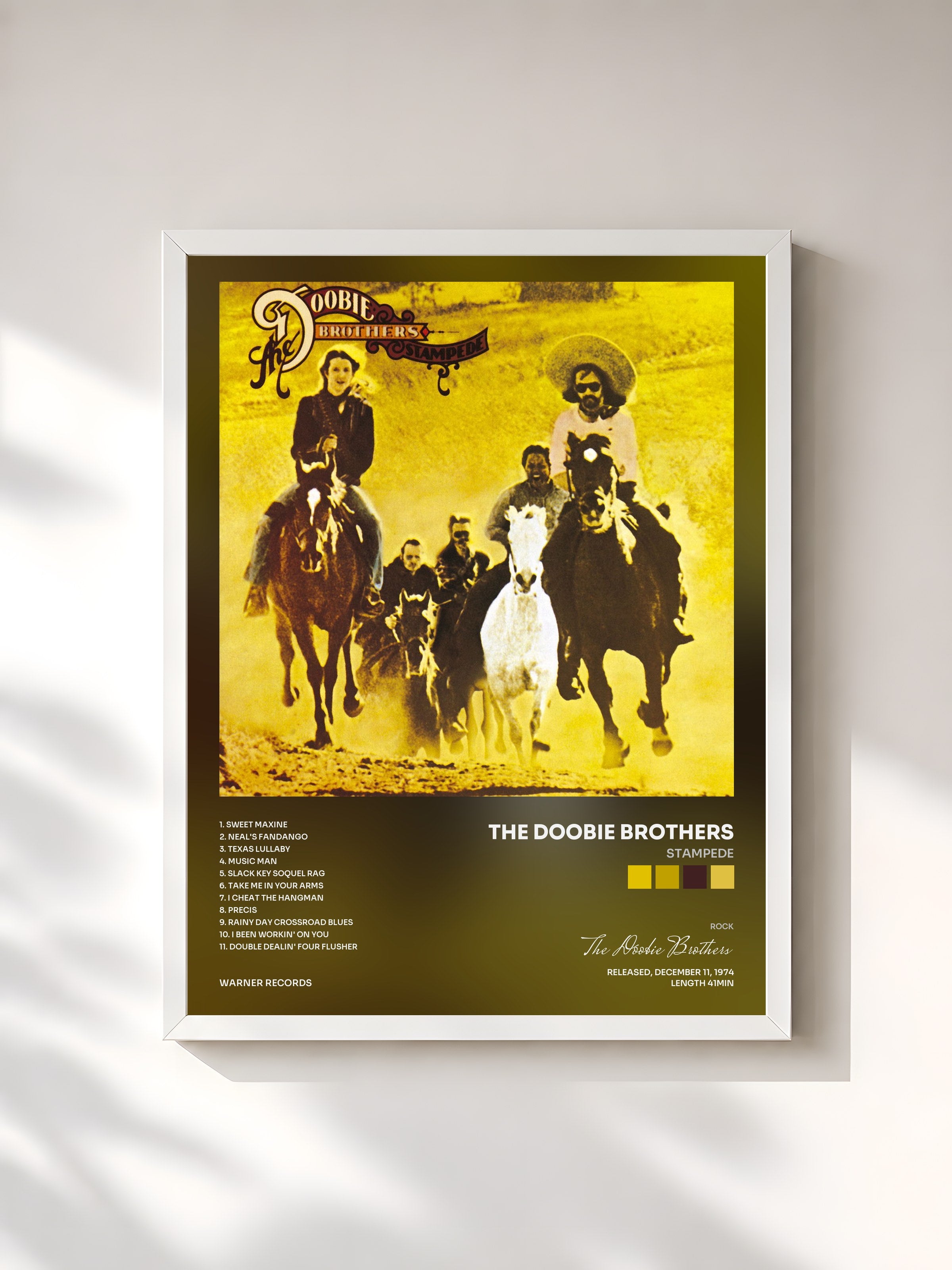 #blanc Tableau de l'album Stampede de The Doobie Brothers, cadre blanc, imprimé et encadré en France