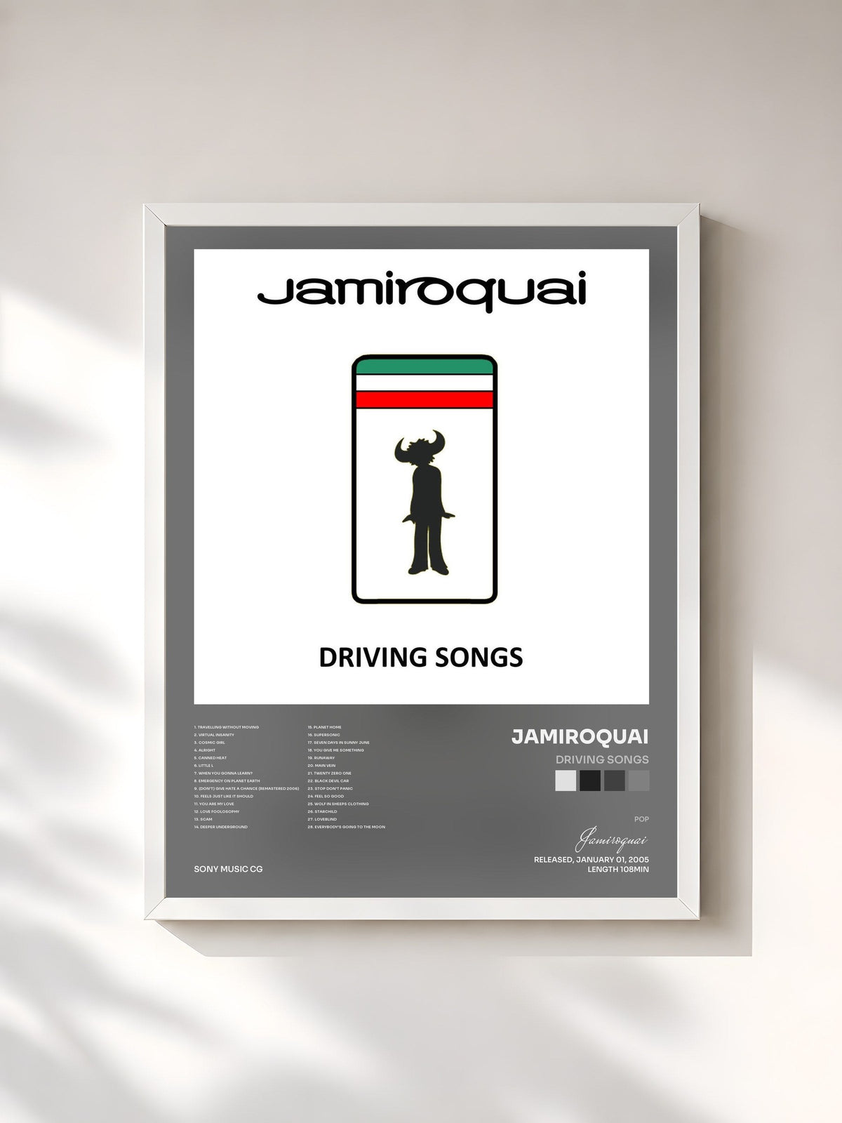 #blanc Driving Songs de Jamiroquai en lámina enmarcada, marco blanco, impresa y enmarcada en Francia
