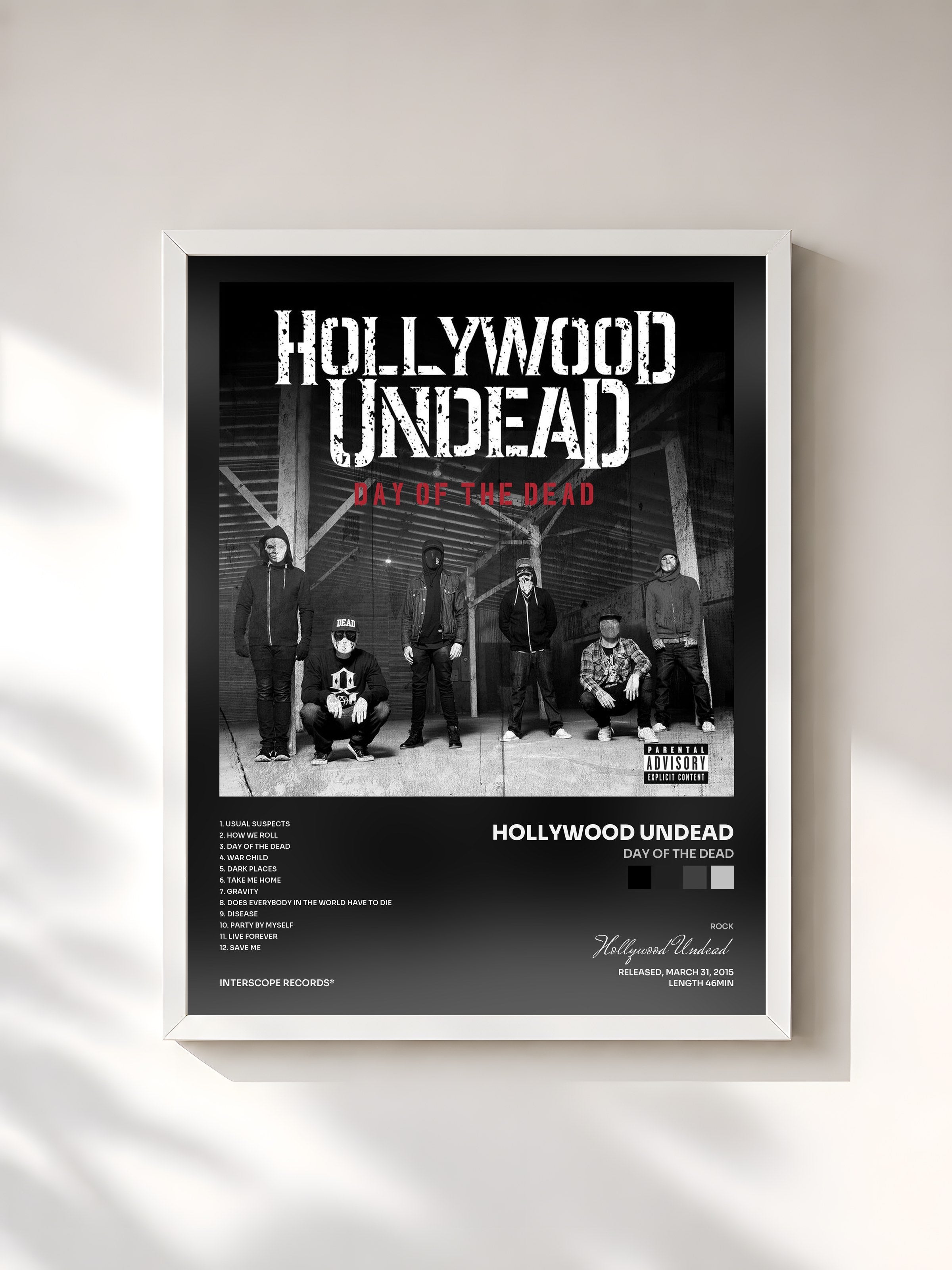 #blanc Tableau de l'album Day Of The Dead de Hollywood Undead, cadre blanc, imprimé et encadré en France